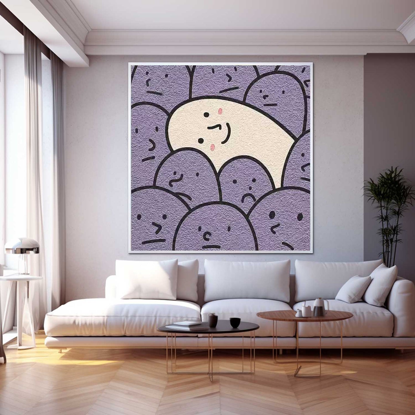 Charming Minimalist Oil Painting of Smiling Character Among Purple Faces