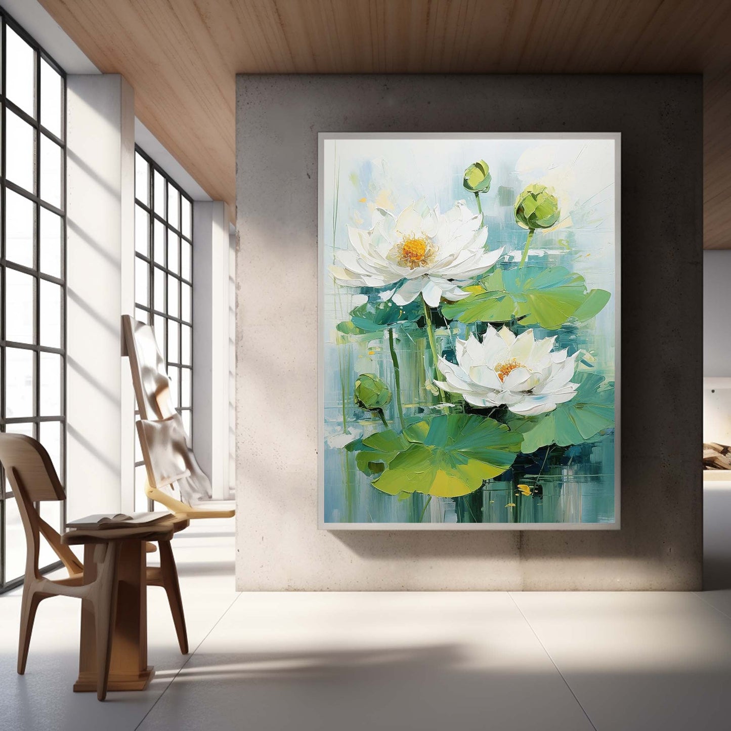 Lush White Lotus Flowers on Serene Water Lily Pond - Vibrant Oil Painting Decor