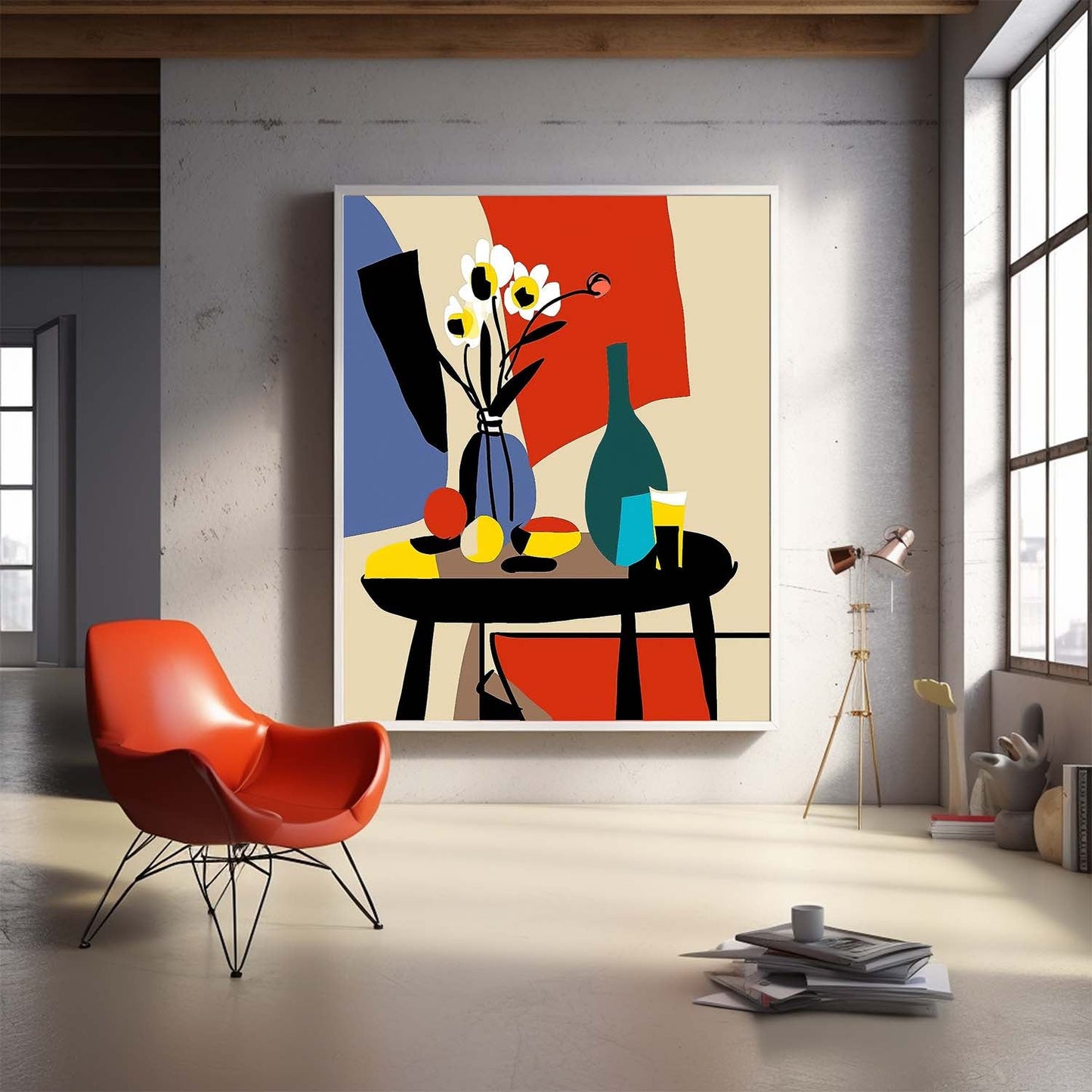 Modern Floral Still Life Oil Painting with Colorful Vase and Fruit Table Decor