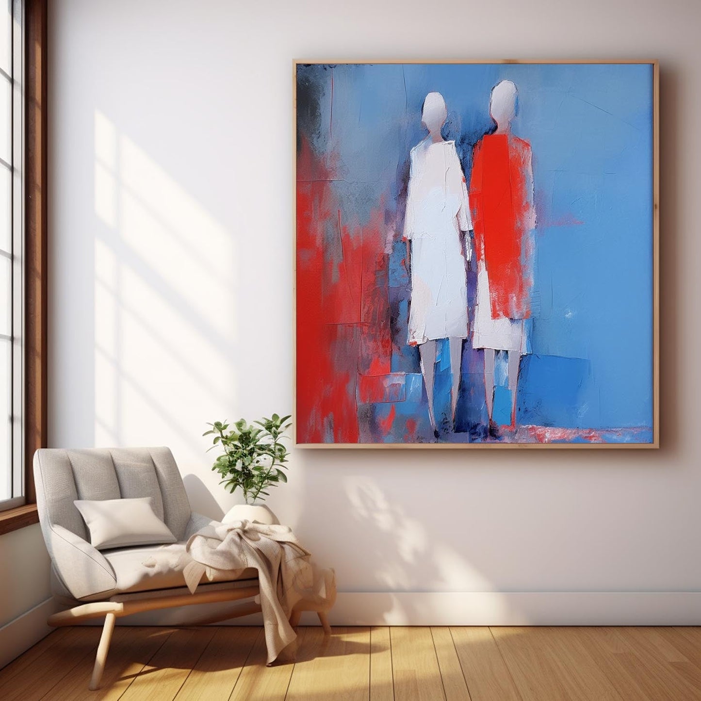 Abstract Oil Painting of Figures in Blue and Red - Modern Canvas Art for Home Decor