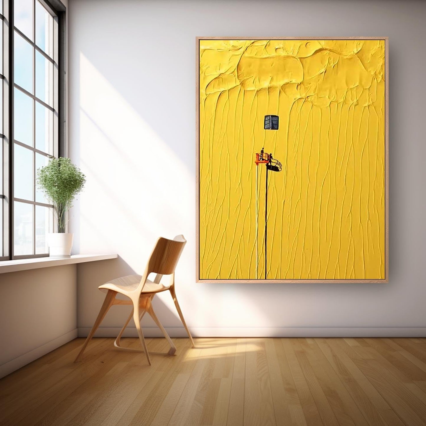 Vibrant Yellow Minimalist Oil Painting with Unique Texture and Artistic Detail