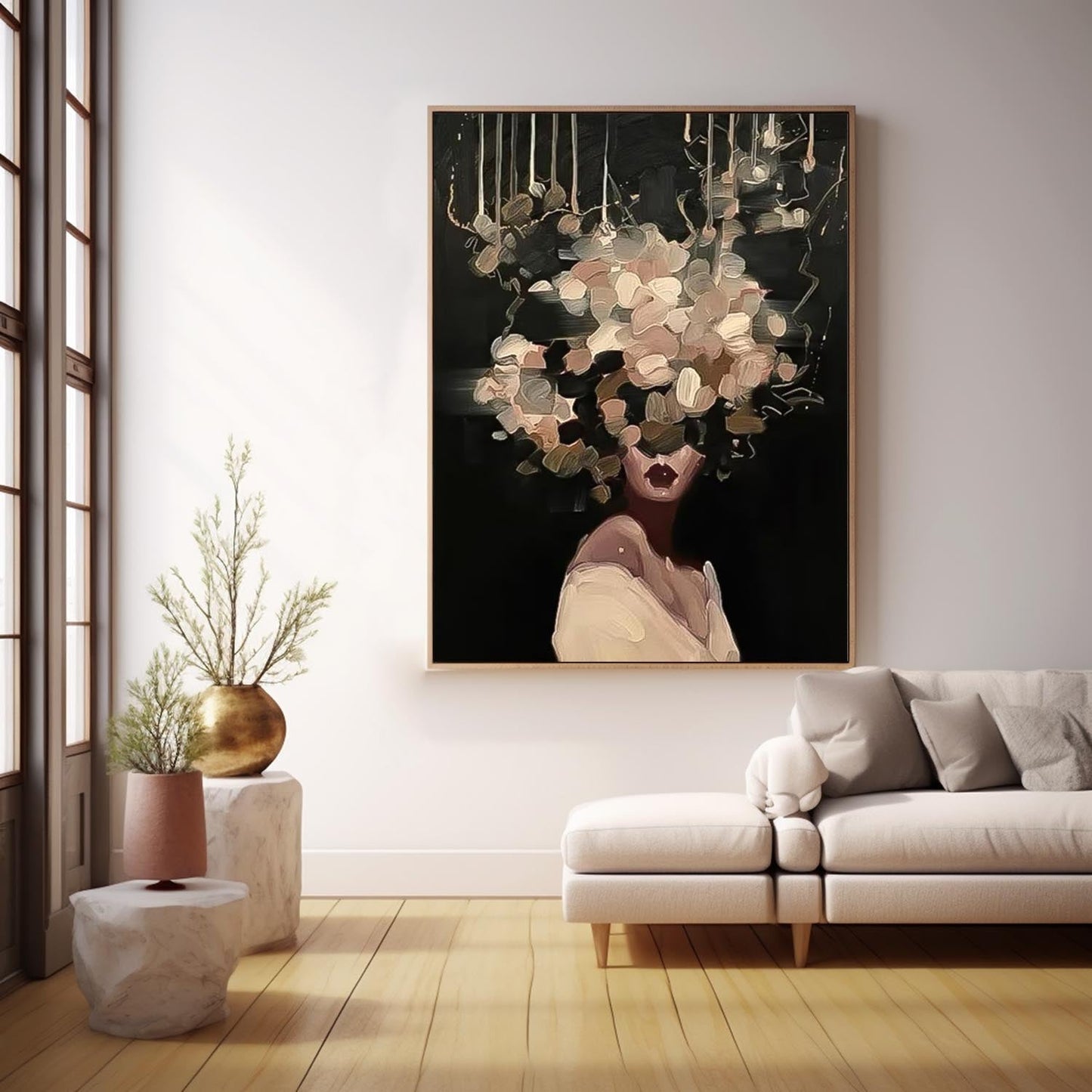 Elegant Woman with Floral Headpiece - Modern Oil Painting for Home Decor