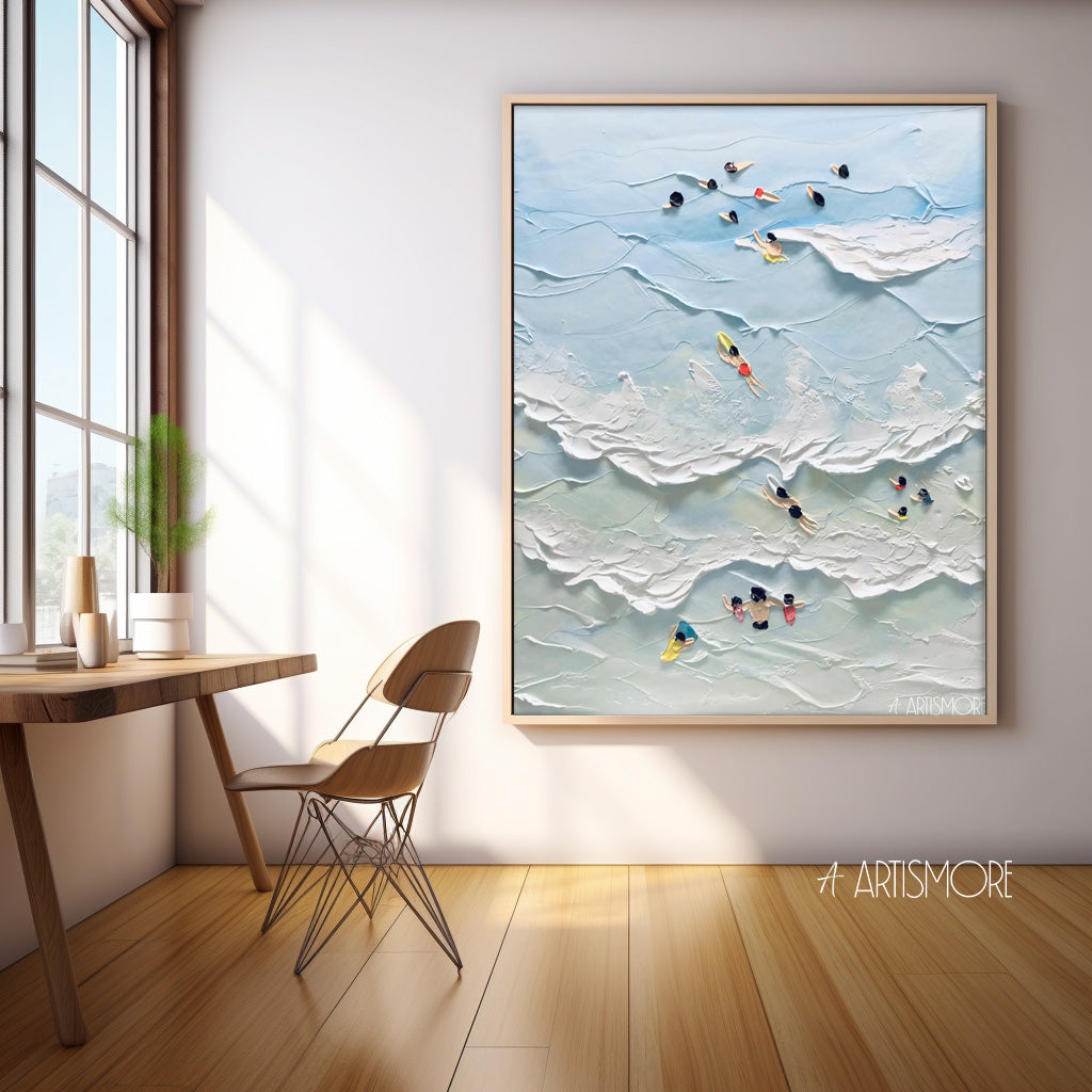 Vibrant Beach Scene Oil Painting with Swimmers and Ocean Waves