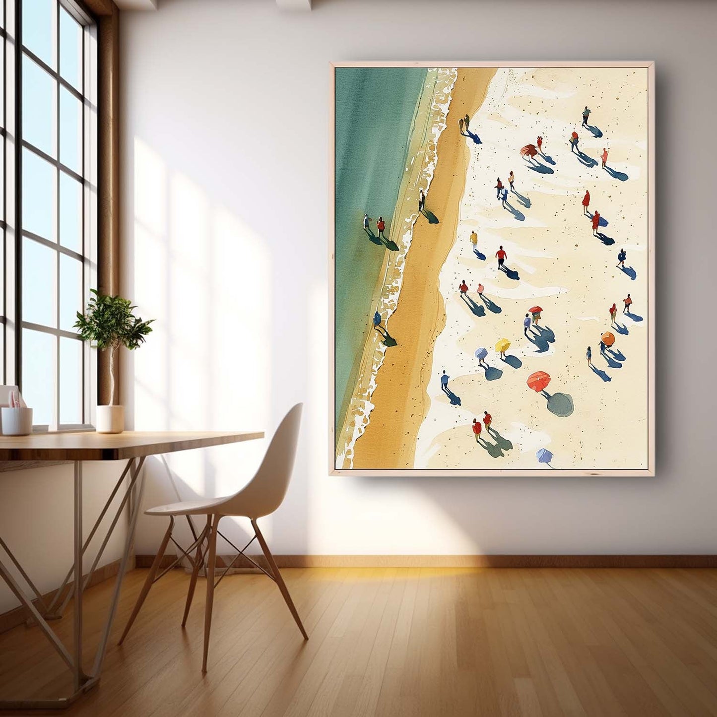 Coastal Serenity: Vibrant Oil Painting of a Beach Day with Ocean Waves and Sunbathers