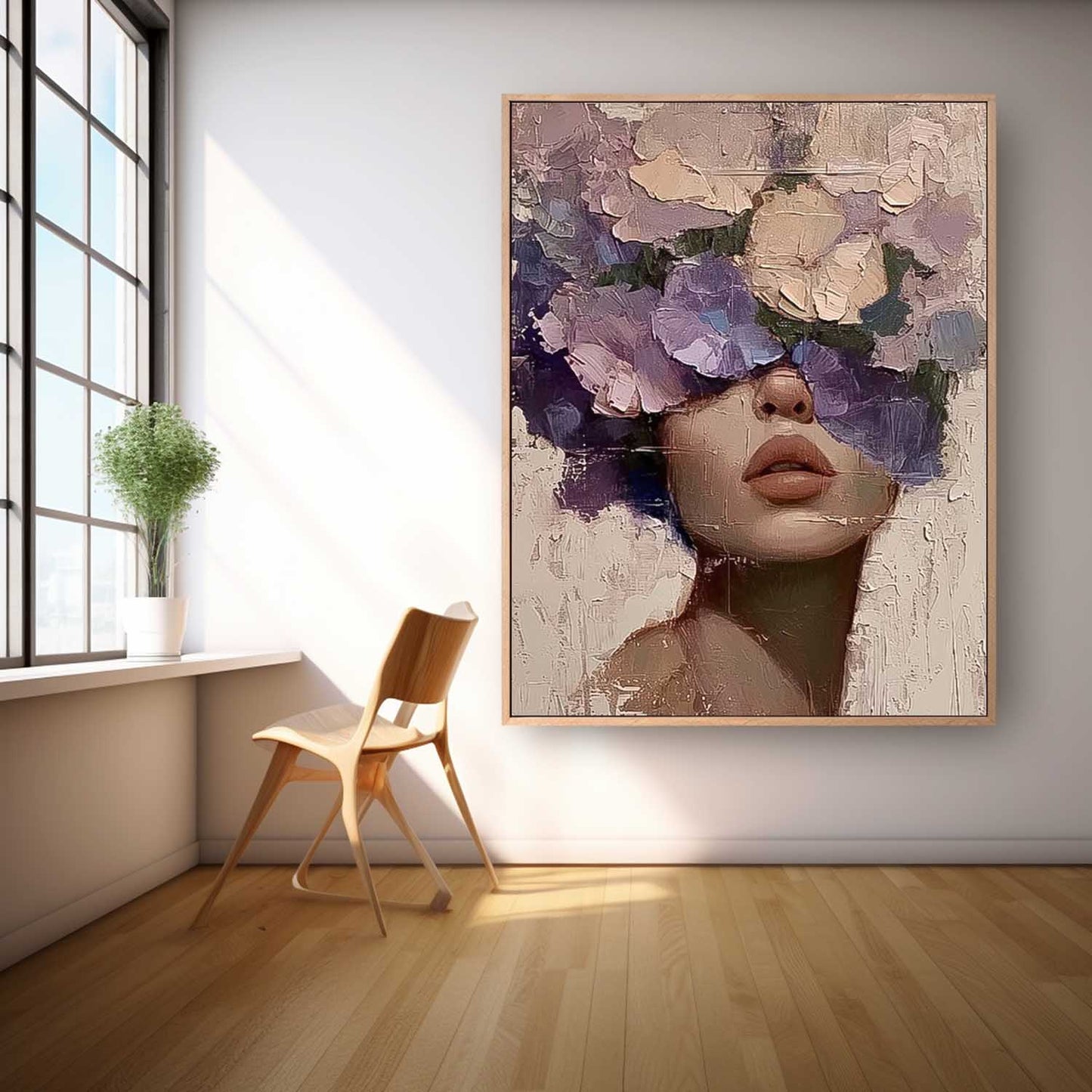 Floral Portrait Oil Painting - Elegant Woman with Flower Crown Canvas Art