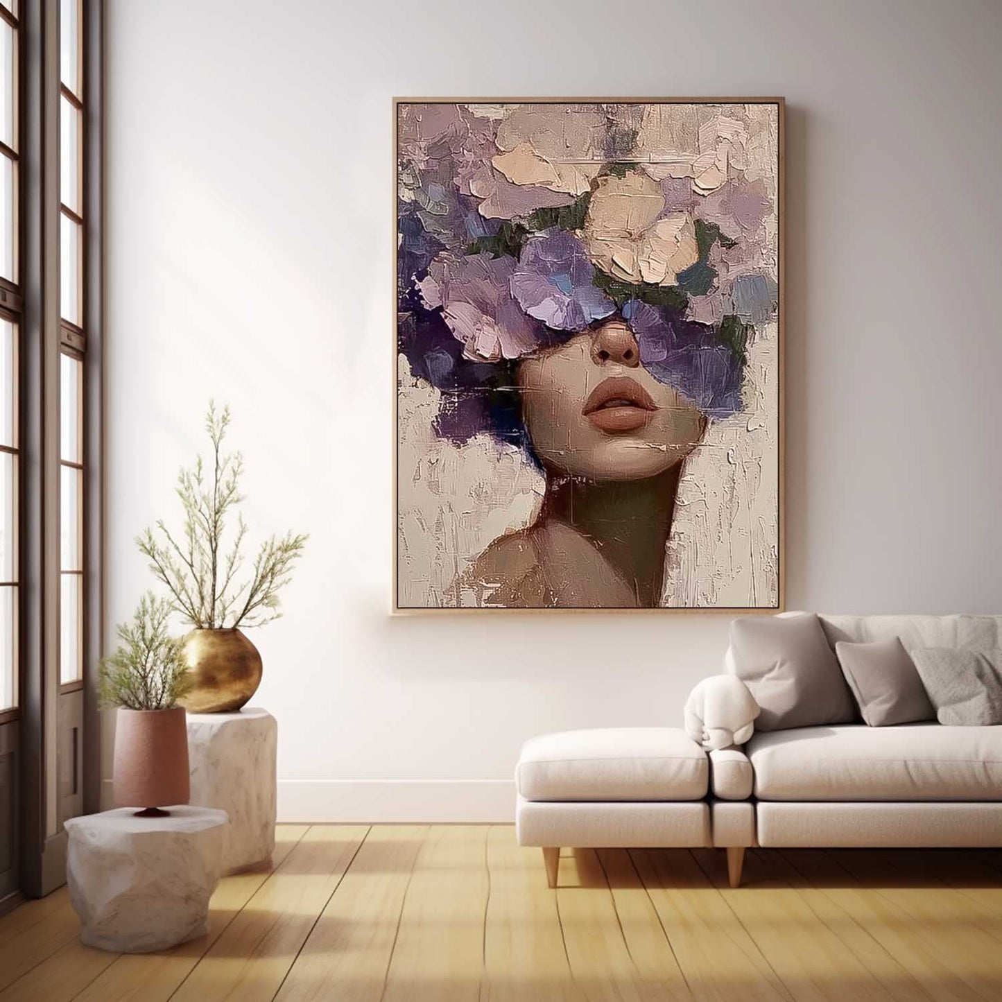 Floral Portrait Oil Painting - Elegant Woman with Flower Crown Canvas Art