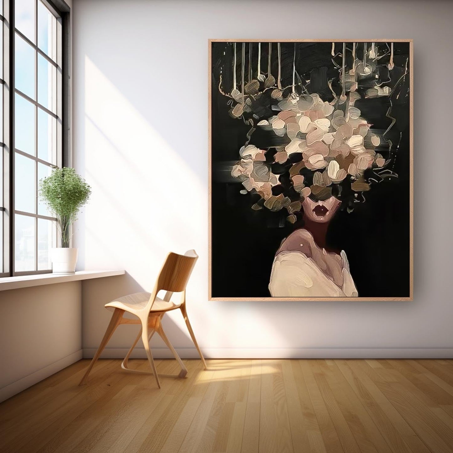 Elegant Woman with Floral Headpiece - Modern Oil Painting for Home Decor