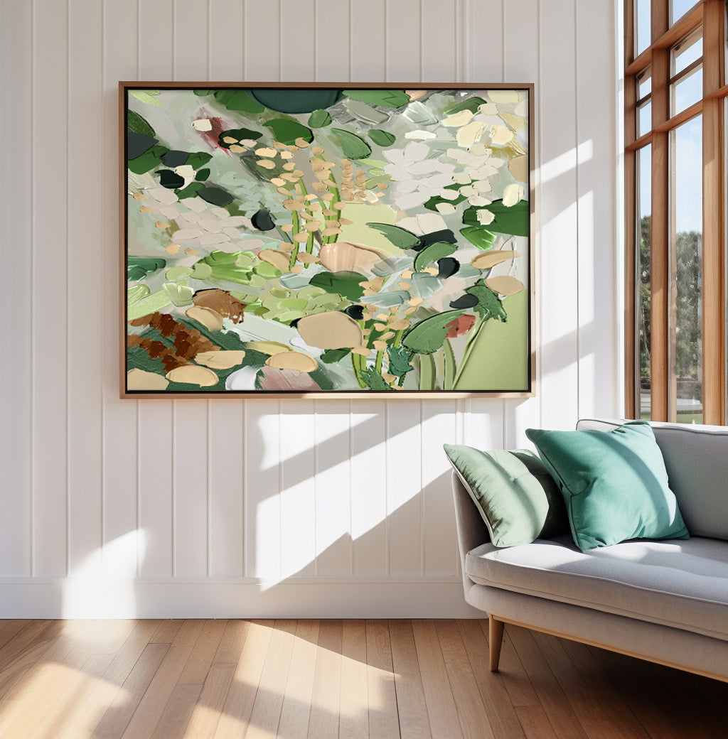 Botanical Elegance: Serene Green and White Floral Oil Painting for Home Decor