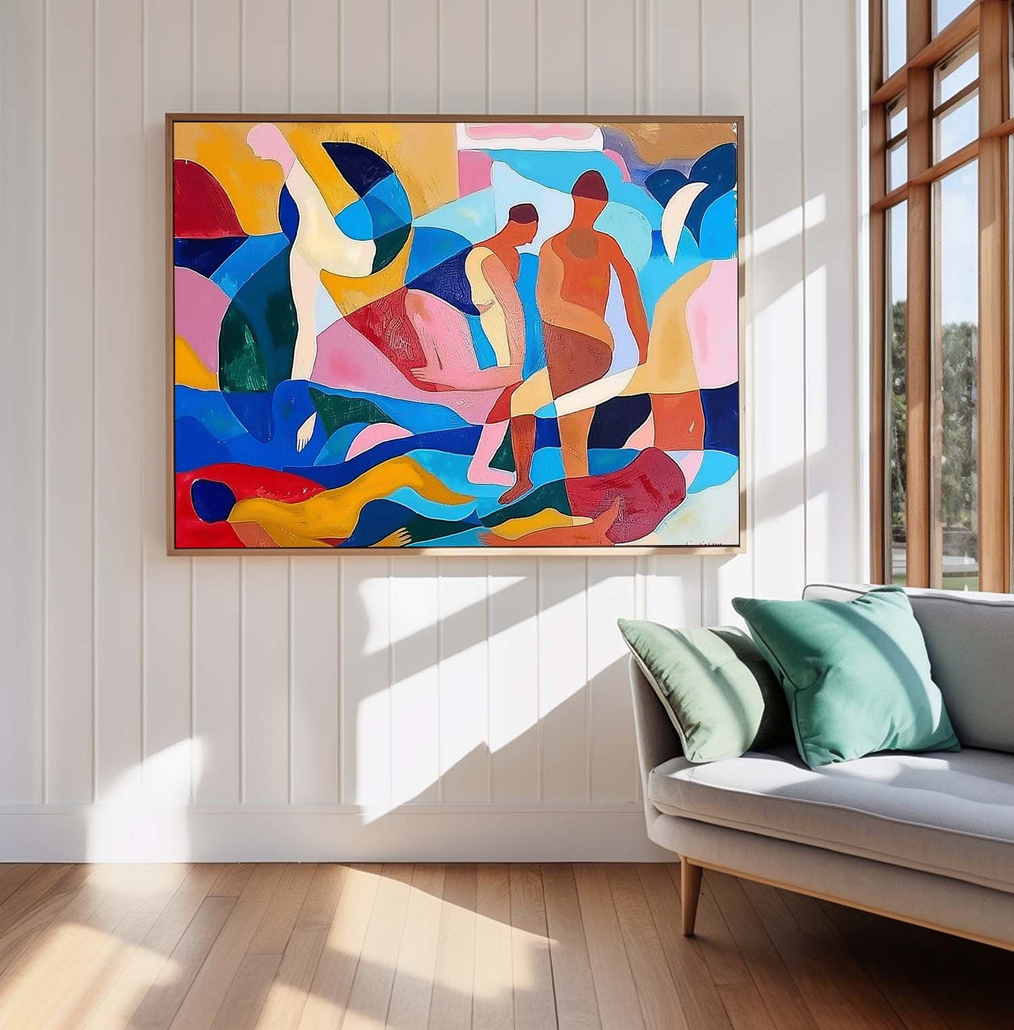 Colorful Abstract Oil Painting of Human Figures in Dynamic Composition