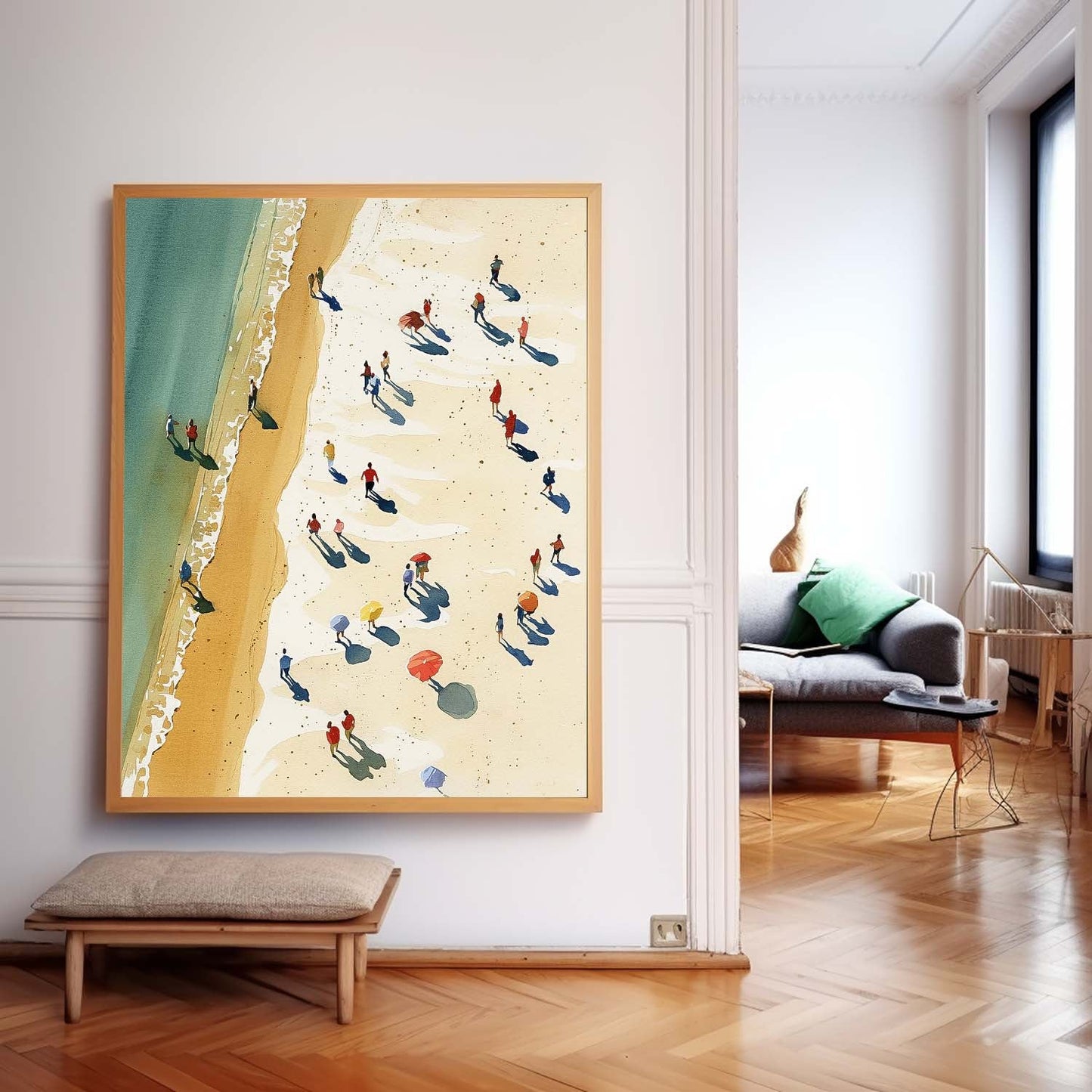 Coastal Serenity: Vibrant Oil Painting of a Beach Day with Ocean Waves and Sunbathers