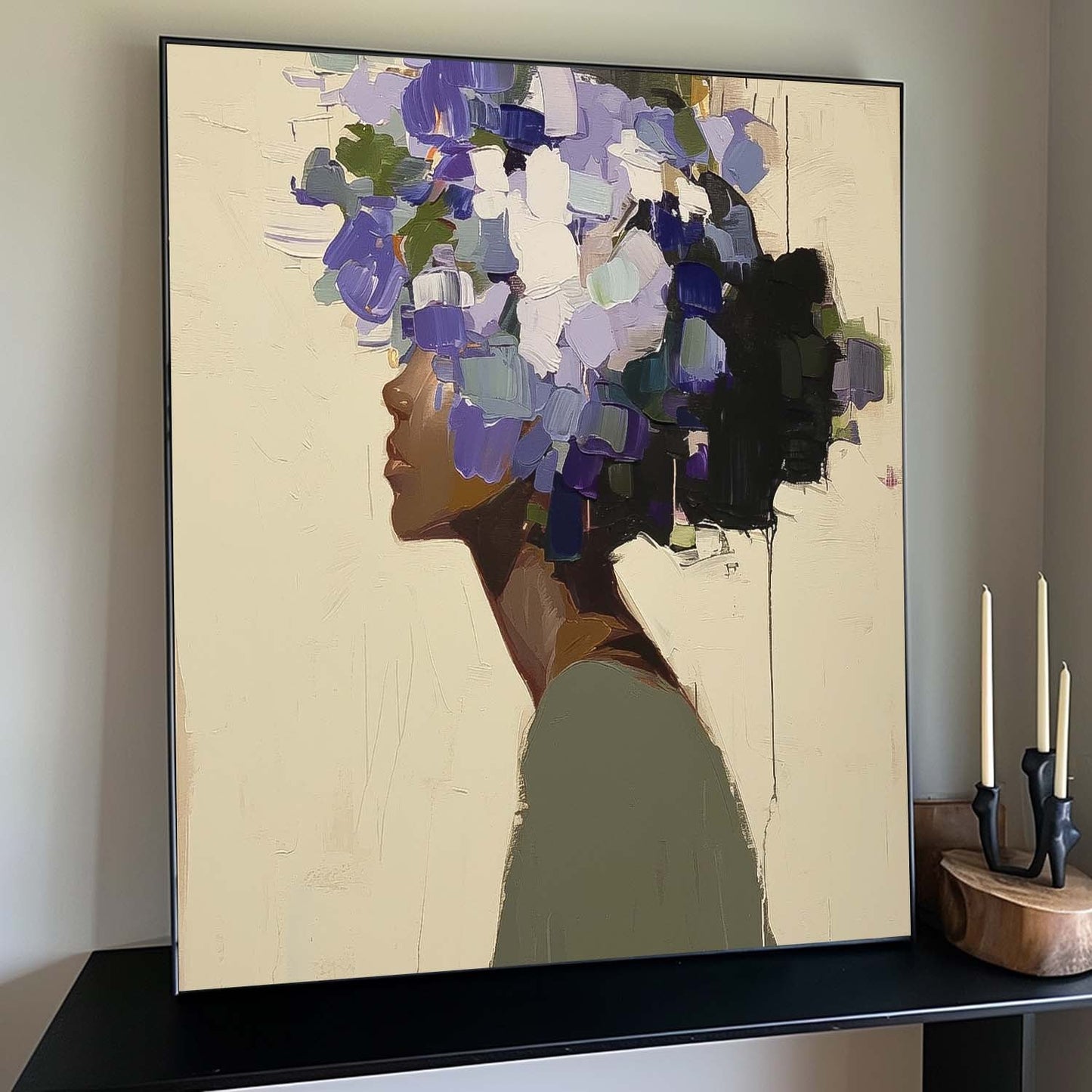 Elegant Woman Silhouette with Vibrant Floral Hair - Contemporary Oil Painting