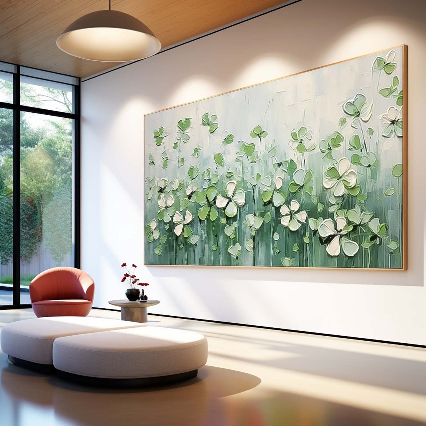 Delicate Green Flower Field Oil Painting for Home Decor