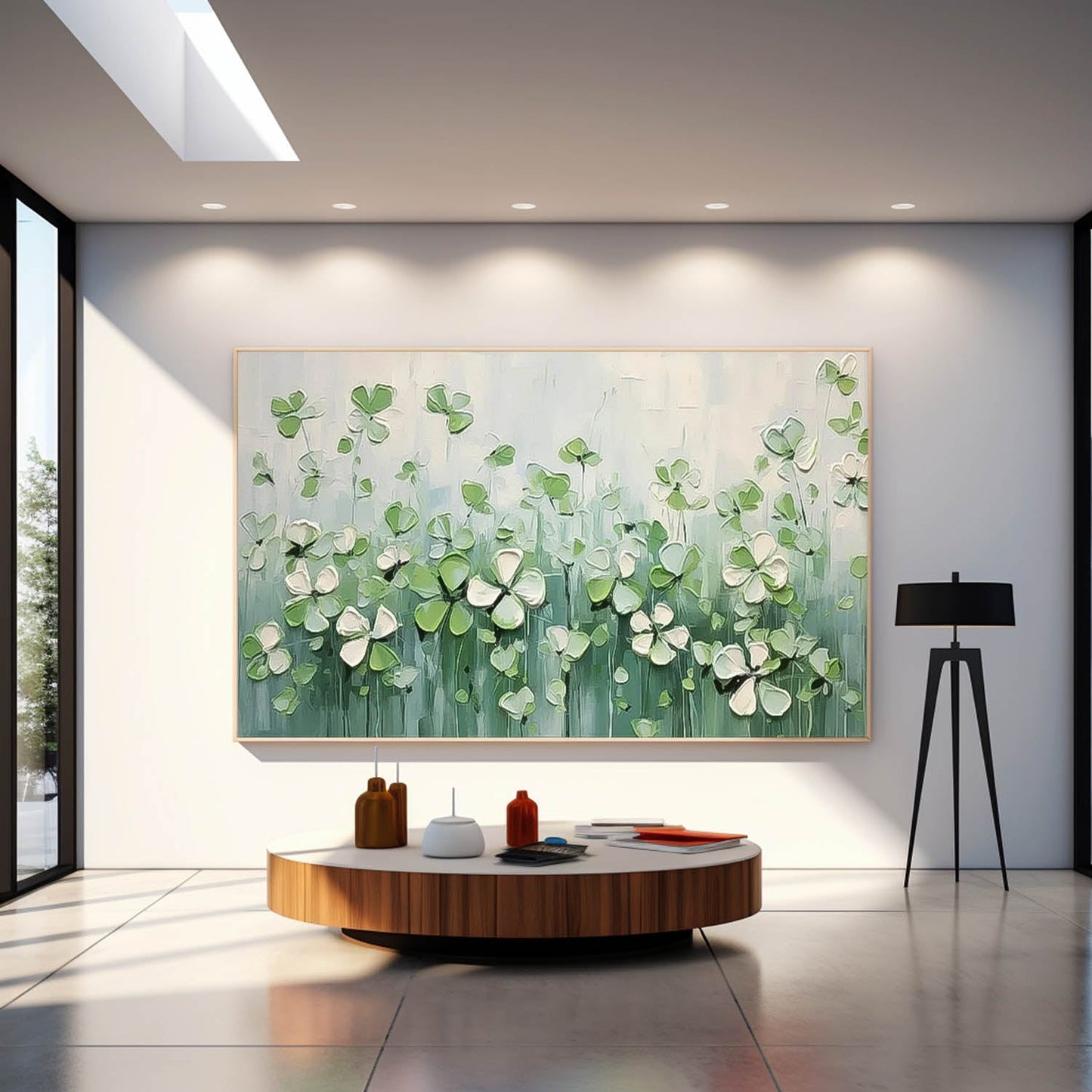 Delicate Green Flower Field Oil Painting for Home Decor