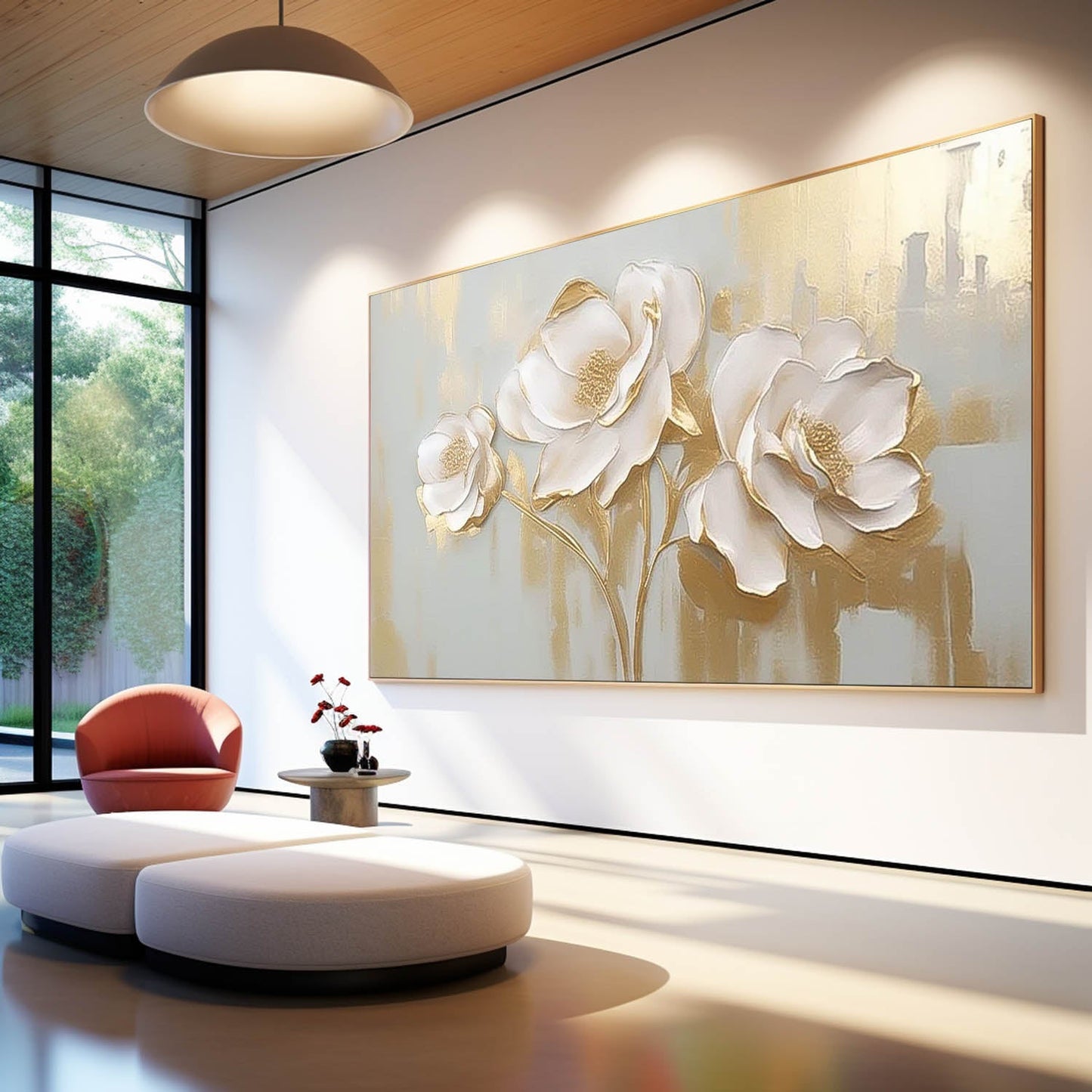 Elegant White Floral Oil Painting on Canvas with Gold Accents for Home Decor