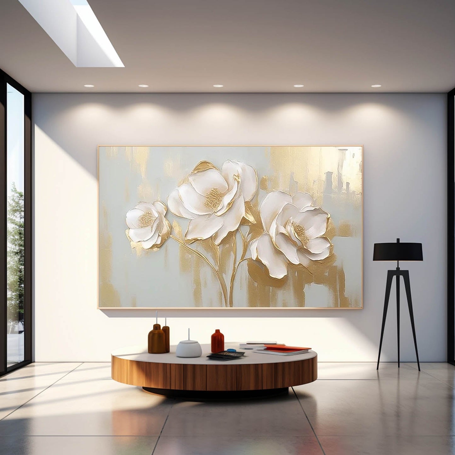 Elegant White Floral Oil Painting on Canvas with Gold Accents for Home Decor