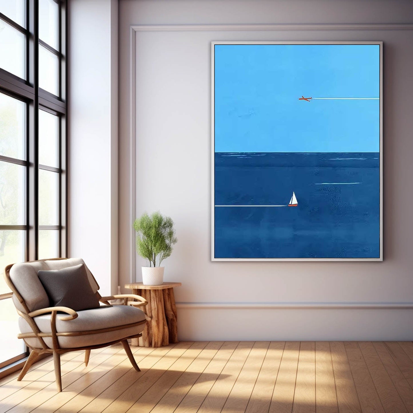 Serene Blue Minimalist Ocean Scene with Plane and Sailboat Oil Painting for Home Decor