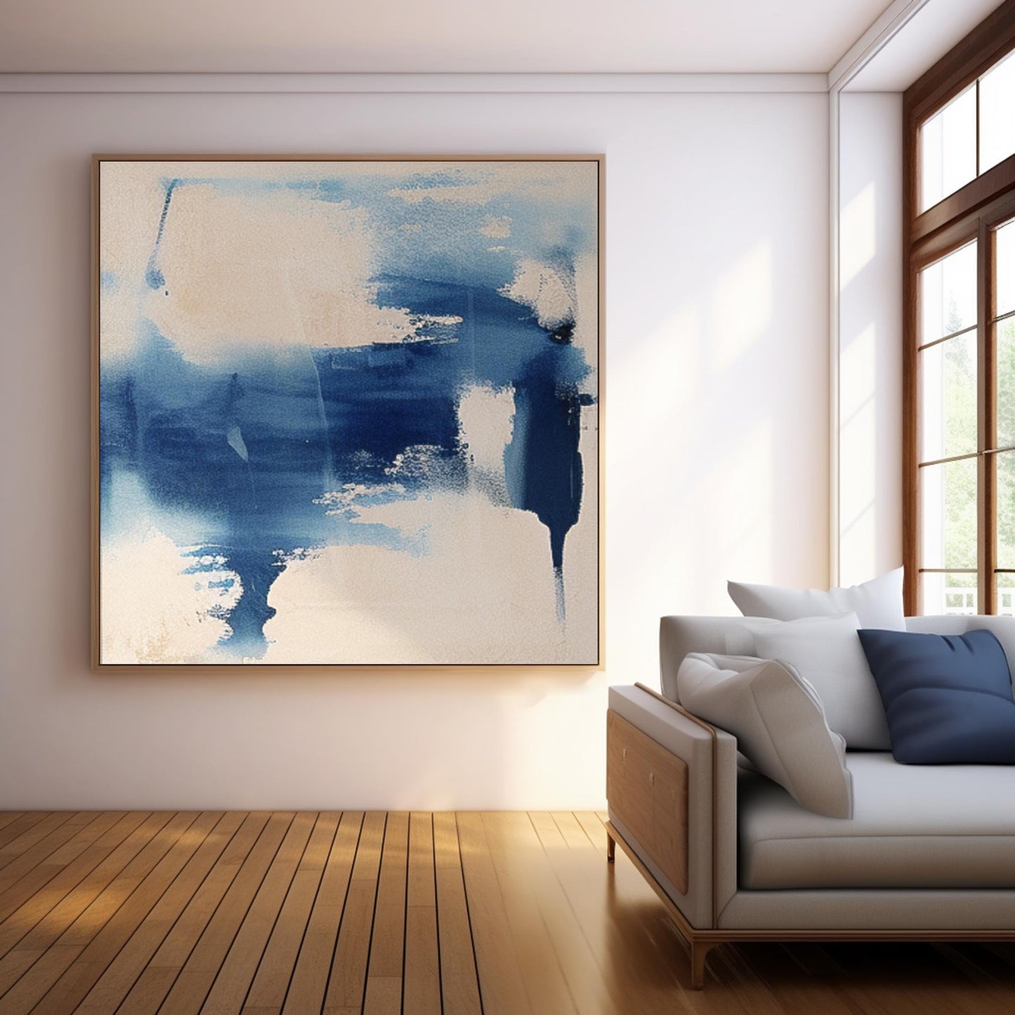 Contemporary Abstract Oil Painting in Blue and Cream for Modern Home Decor