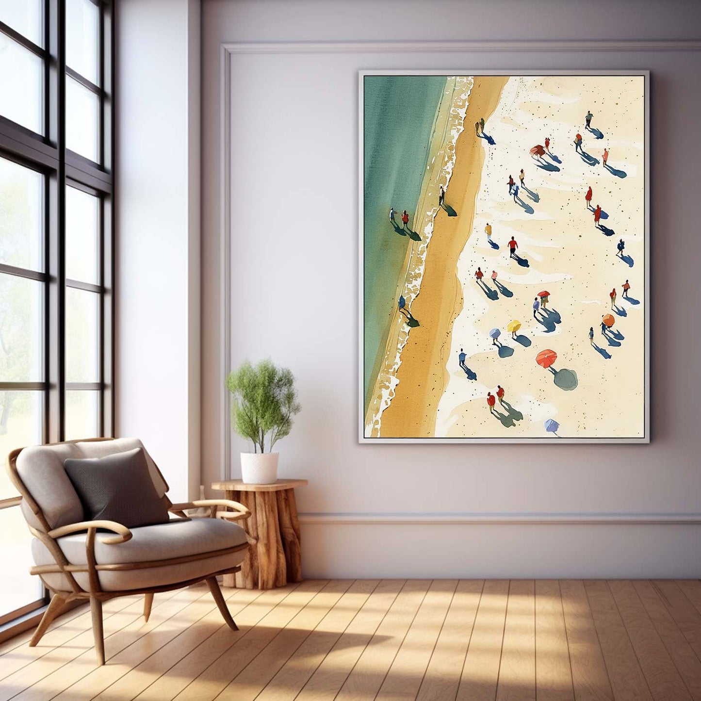 Coastal Serenity: Vibrant Oil Painting of a Beach Day with Ocean Waves and Sunbathers