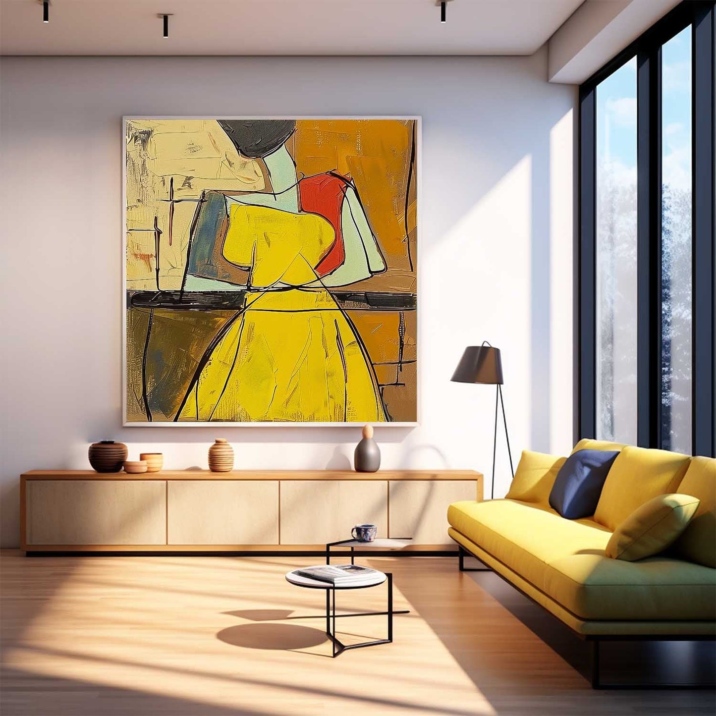 Colorful Abstract Oil Painting of a Woman in Yellow Dress - Modern Canvas Art