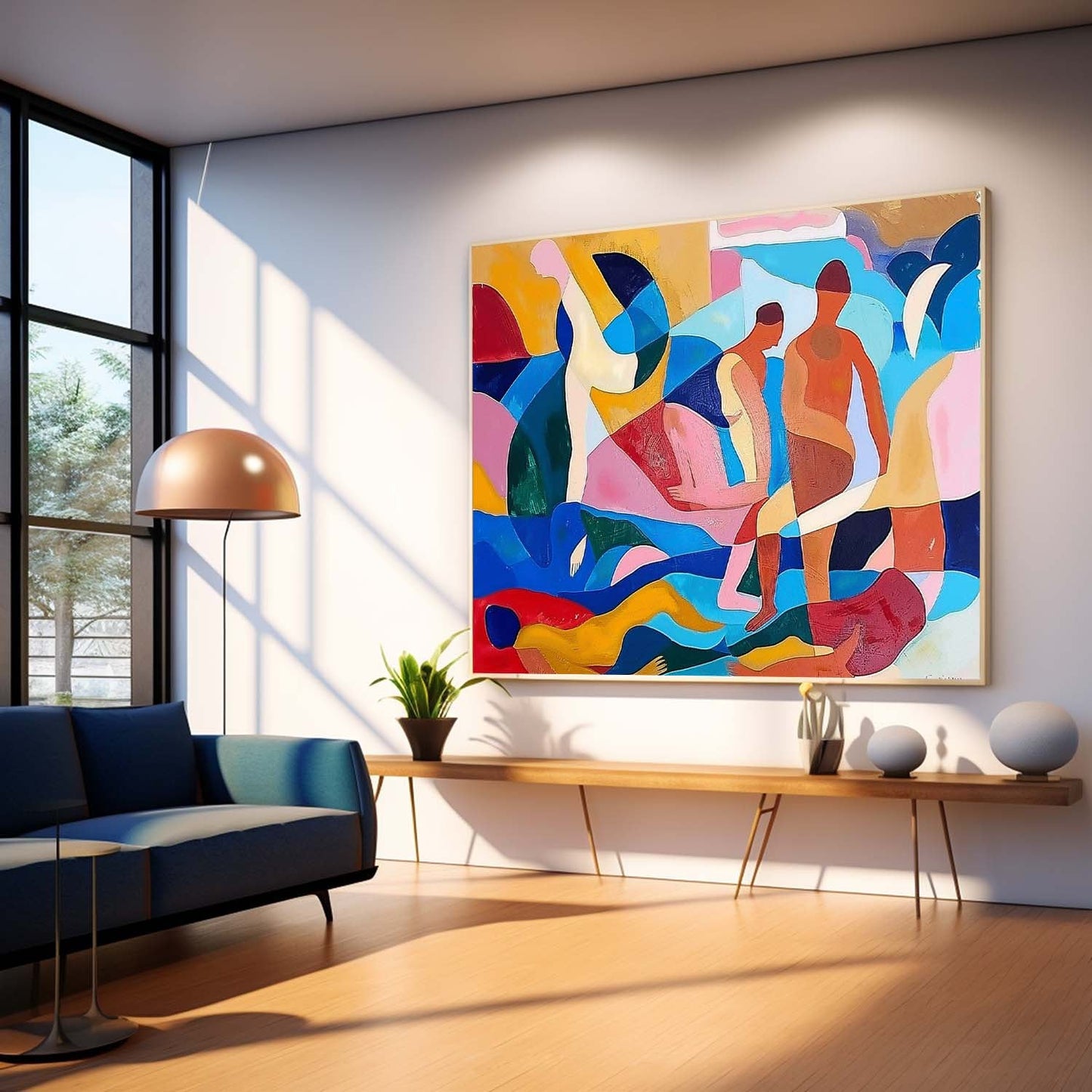 Colorful Abstract Oil Painting of Human Figures in Dynamic Composition
