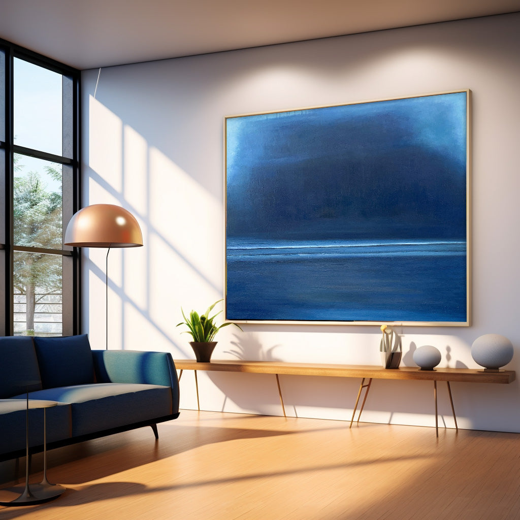 Tranquil Blue Minimalist Oil Painting for Serene Home Decor