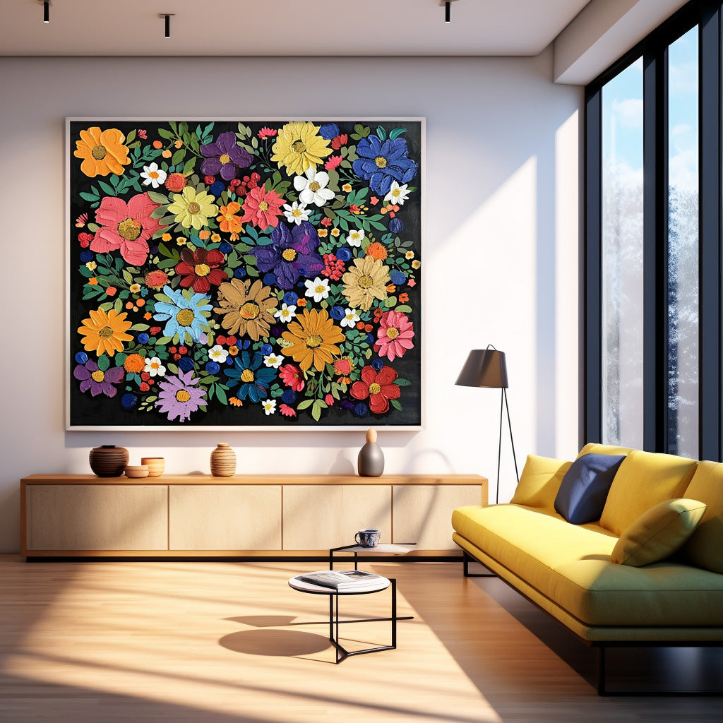 Vibrant Floral Oil Painting on Canvas - Colorful Flower Art for Home Decor