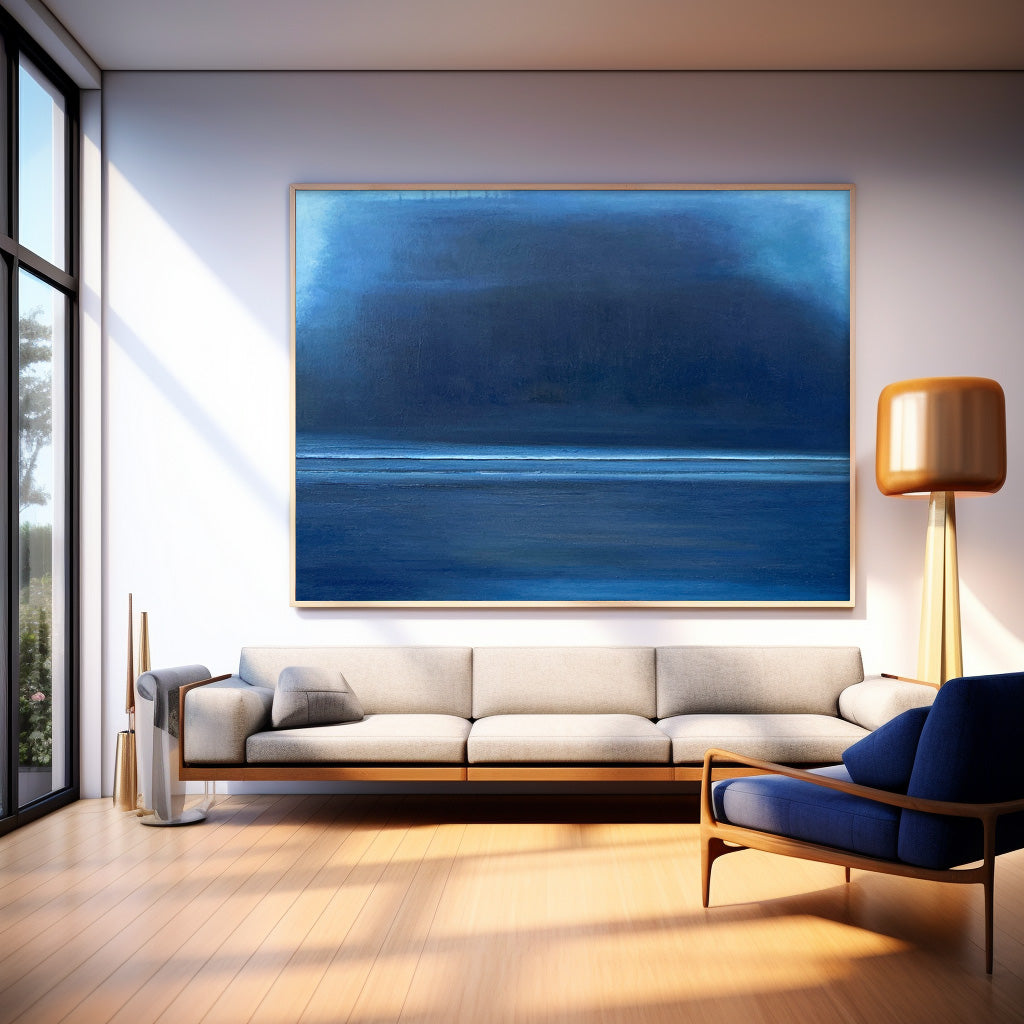 Tranquil Blue Minimalist Oil Painting for Serene Home Decor