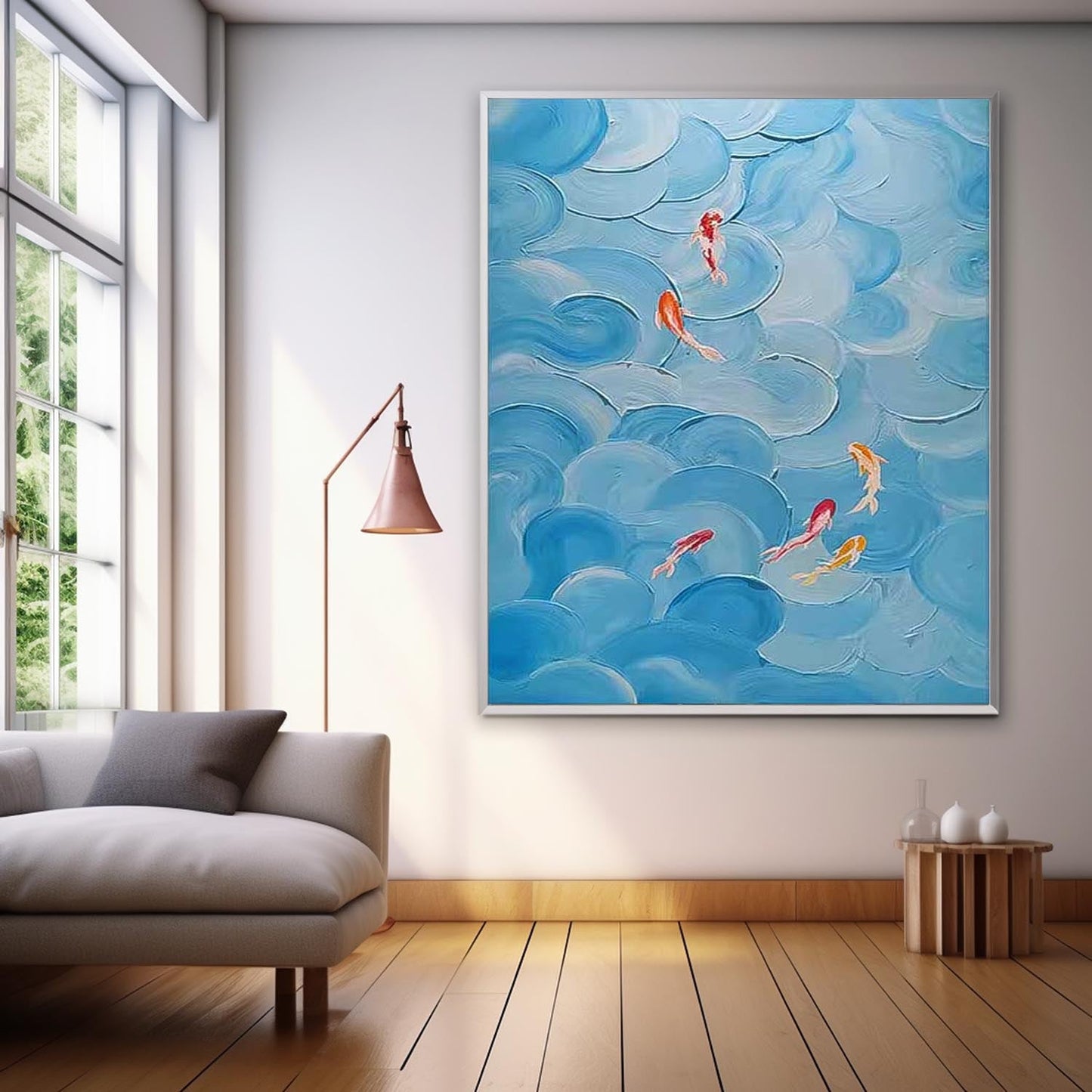 Whimsical Koi Fish Swimming in Teal Waves - Vibrant Abstract Oil Painting Art