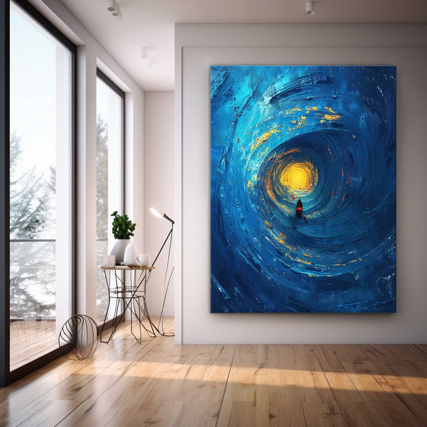Serene Ocean Swirl with Vibrant Sunlight and Kayak Canvas Artwork