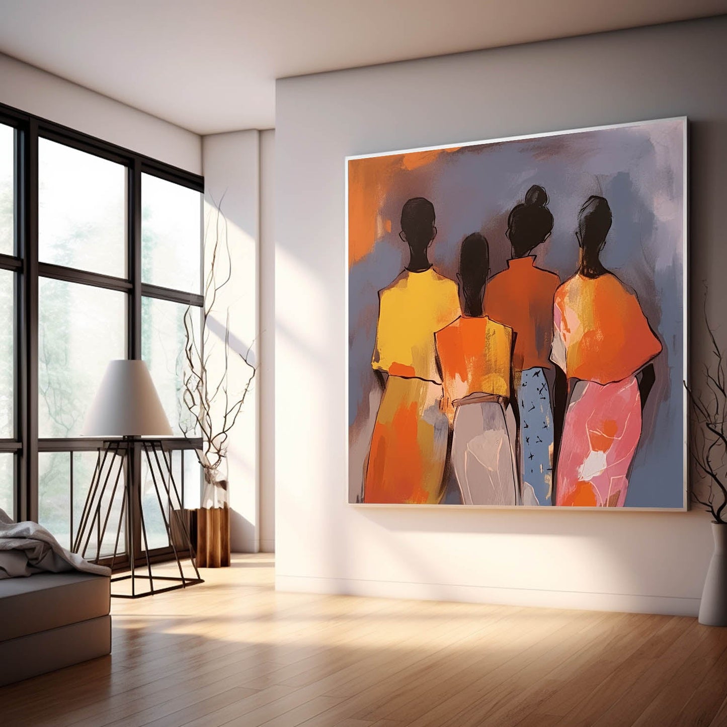 Colorful Abstract Oil Painting of Four Figures on Canvas