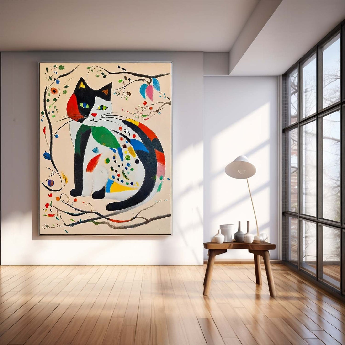 Whimsical Cat Oil Painting with Colorful Abstract Floral Accents