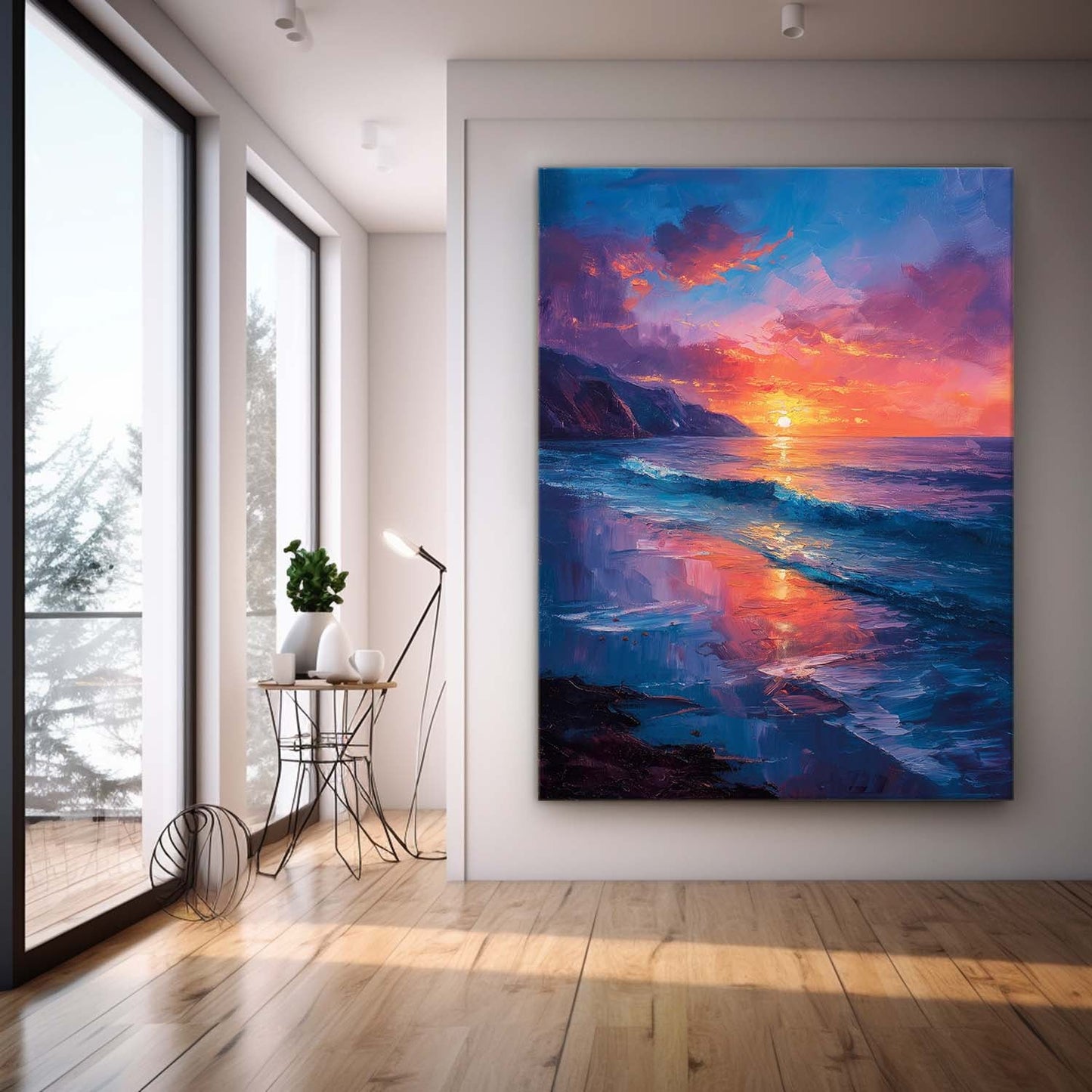 Vibrant Sunset Over Ocean Waves - Coastal Oil Painting for Beach Lovers