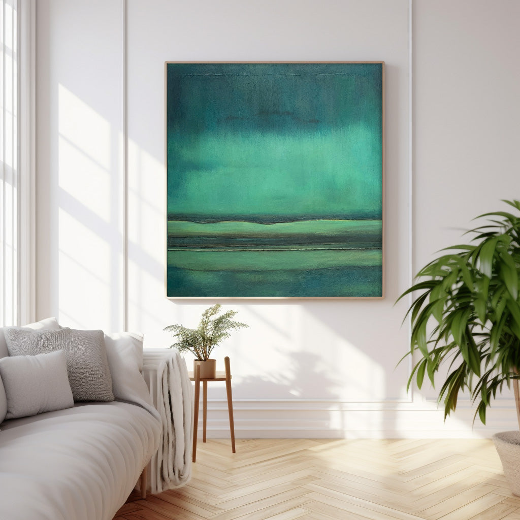 Serene Minimalist Oil Painting with Tranquil Green Tones for Modern Decor