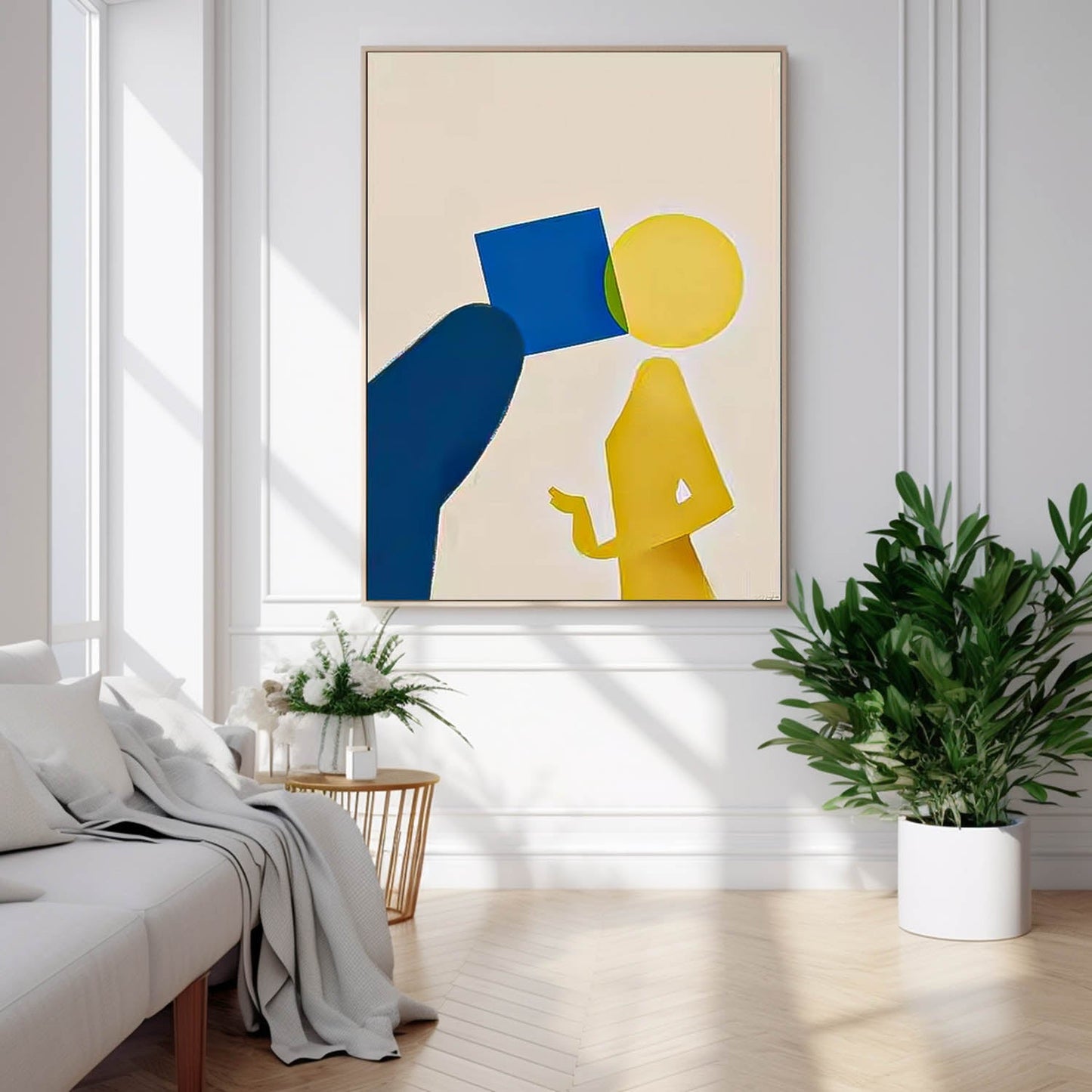 Modern Minimalist Oil Painting with Abstract Figures and Bold Colors