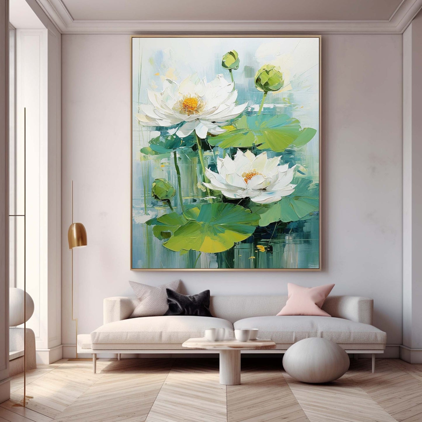 Lush White Lotus Flowers on Serene Water Lily Pond - Vibrant Oil Painting Decor