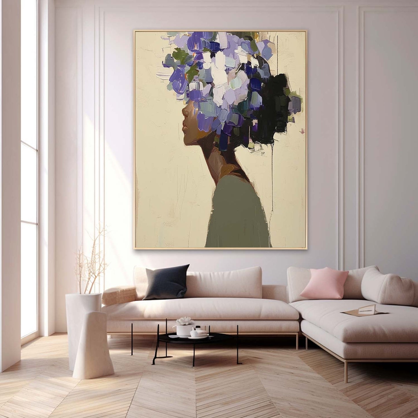 Elegant Woman Silhouette with Vibrant Floral Hair - Contemporary Oil Painting