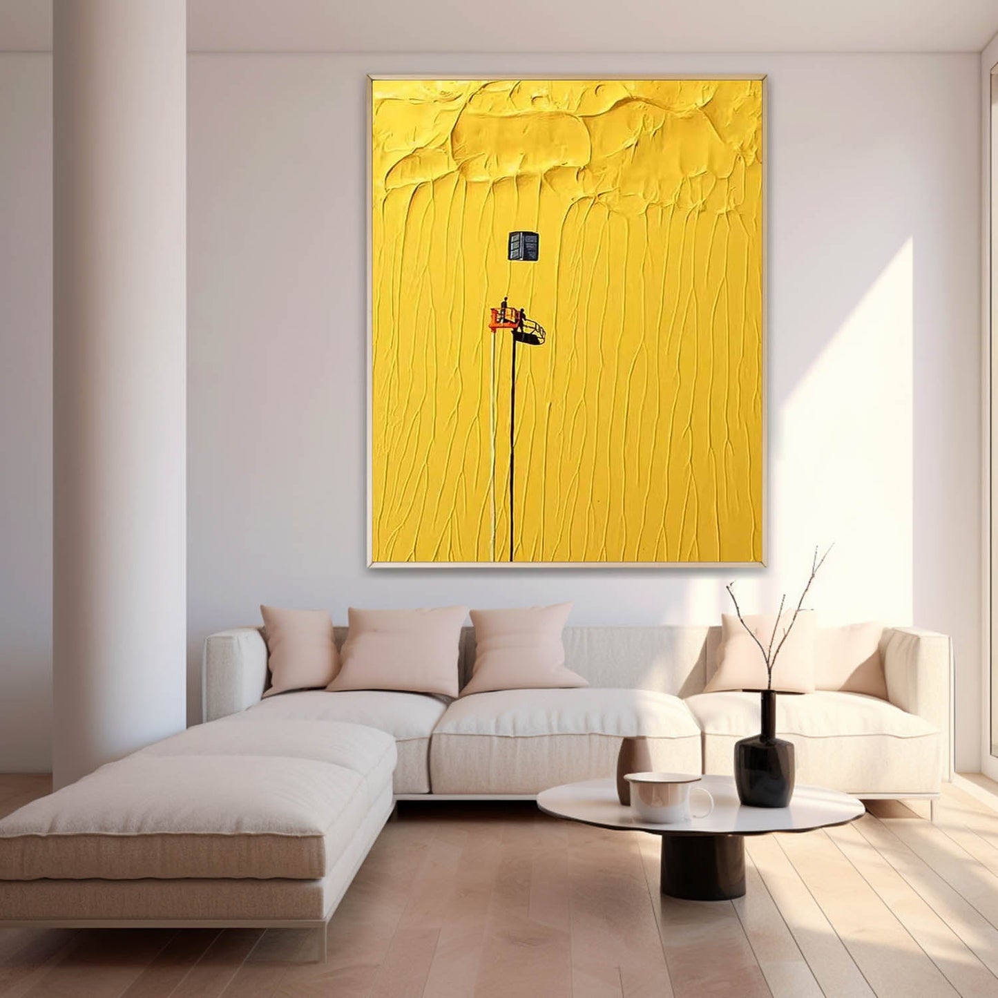 Vibrant Yellow Minimalist Oil Painting with Unique Texture and Artistic Detail