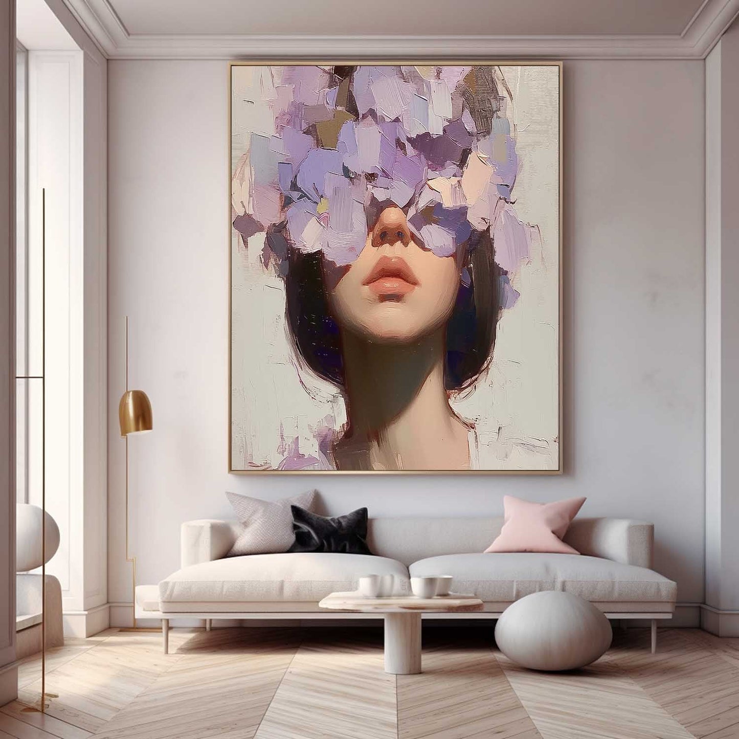 Floral Concealment: Stunning Oil Painting of a Woman Surrounded by Blossoms