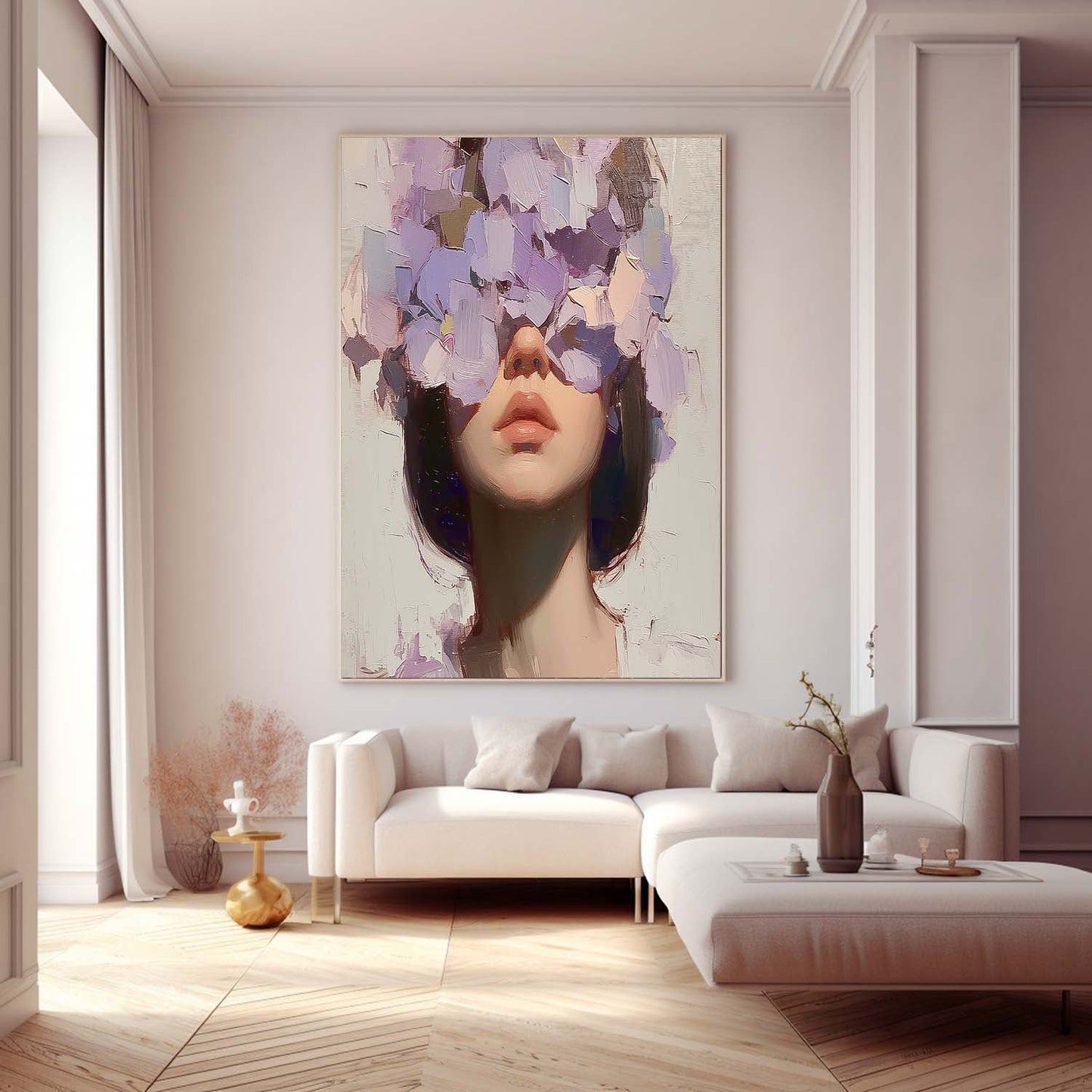 Floral Concealment: Stunning Oil Painting of a Woman Surrounded by Blossoms