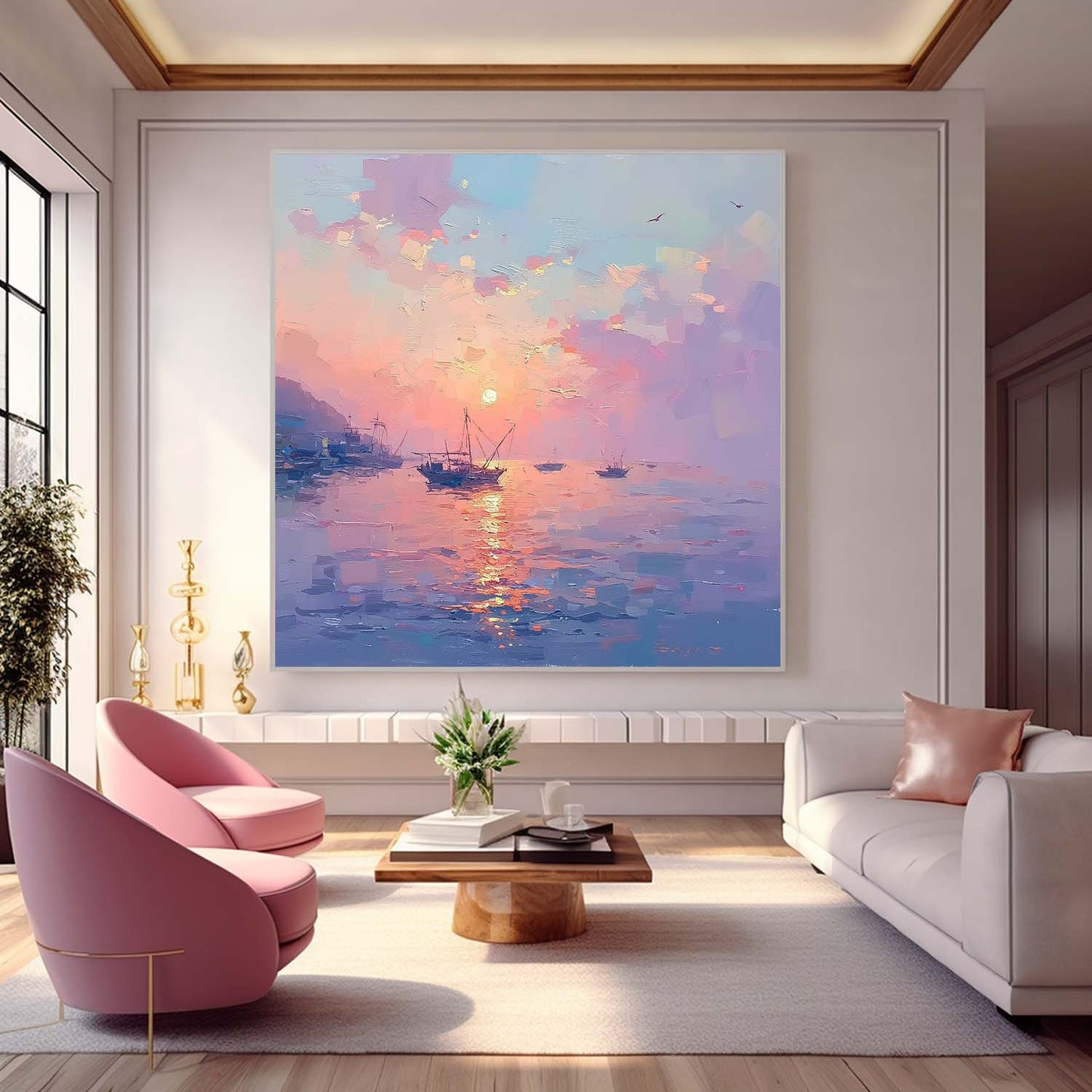 Majestic Sunset Over Tranquil Waters - Serene Oil Painting for Home Decor