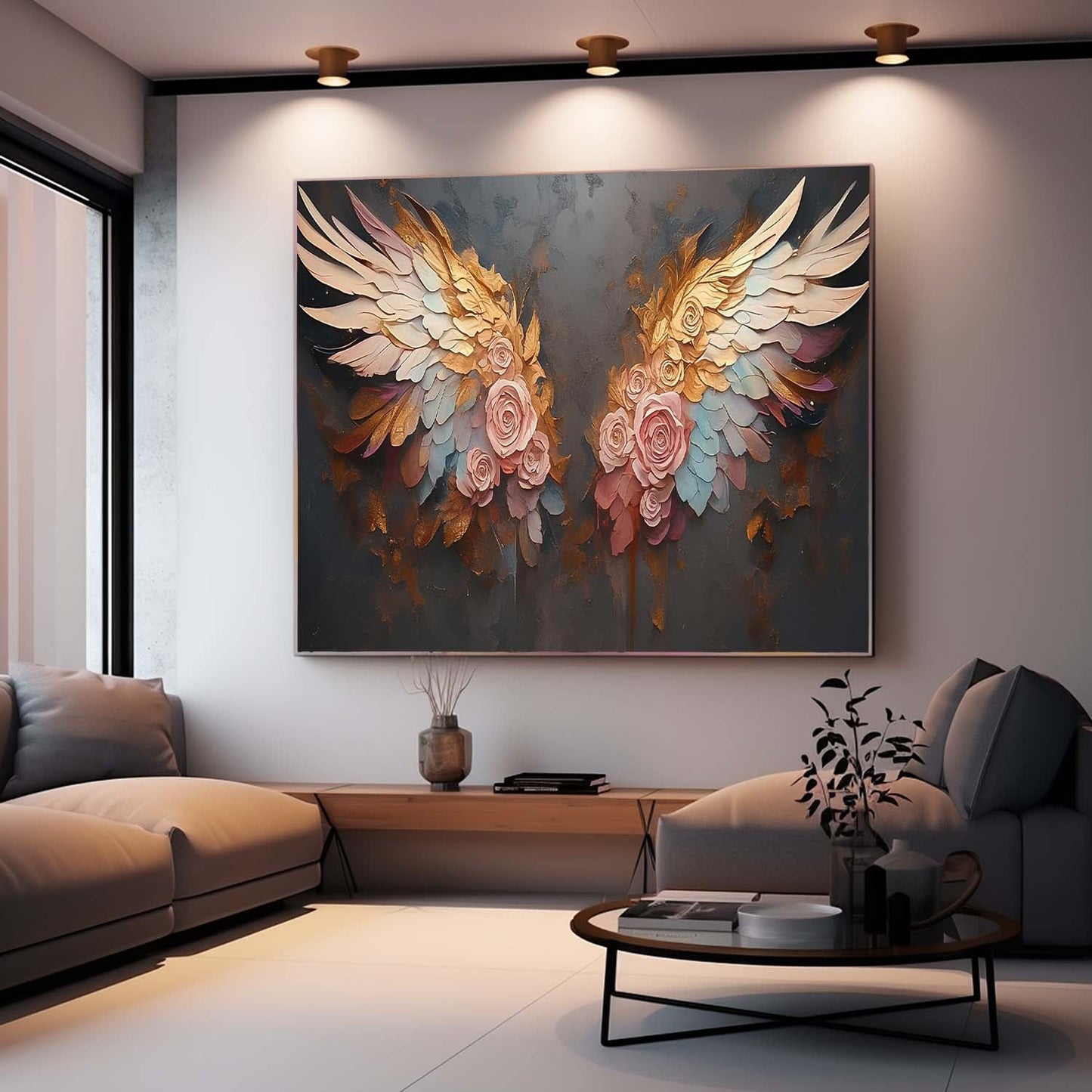 Elegant Floral Wings Oil Painting - Vibrant Pink Roses on Dark Canvas