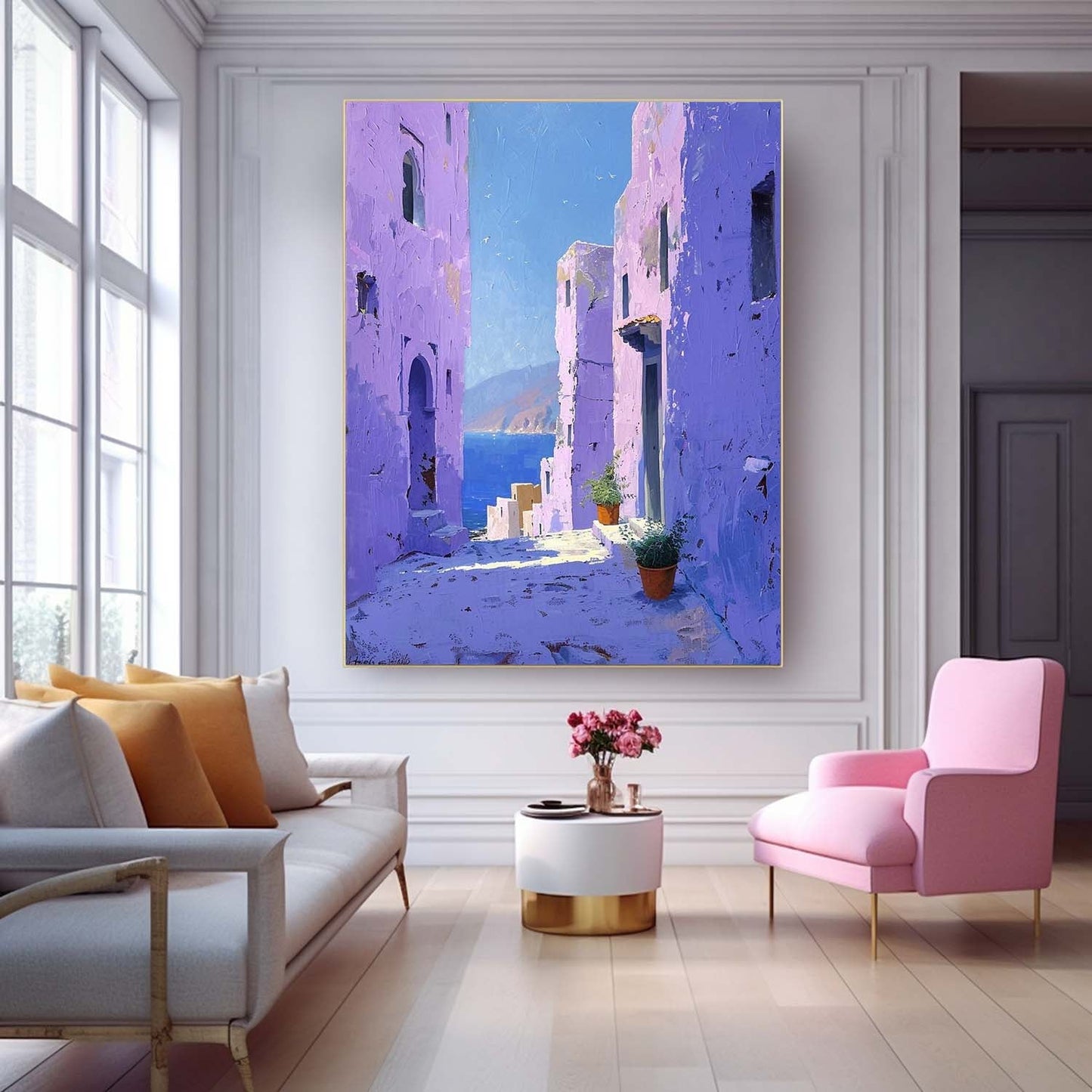 Vibrant Mediterranean Village: Stunning Oil Painting of Coastal Architecture