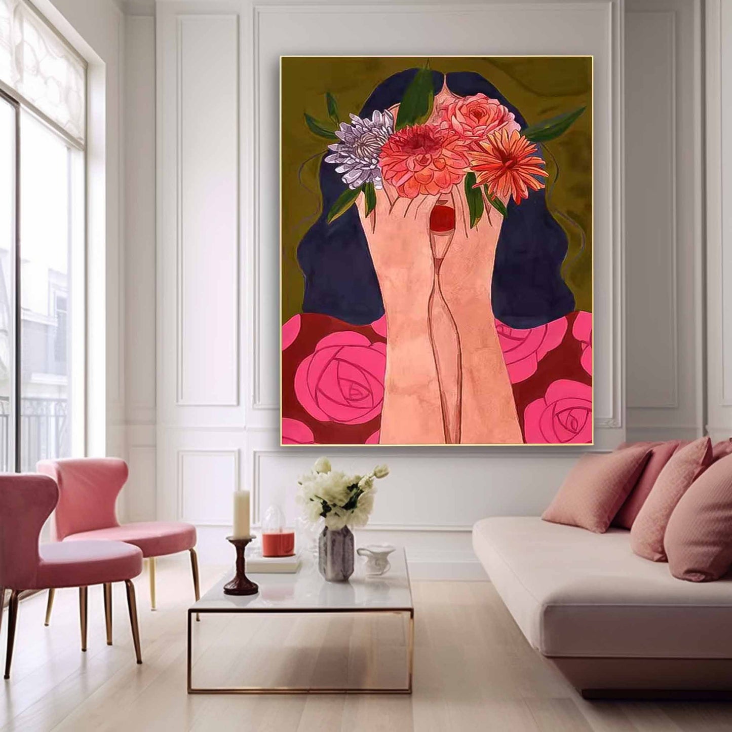 Vibrant Floral Embrace: Expressive Oil Painting of Hands and Blooms