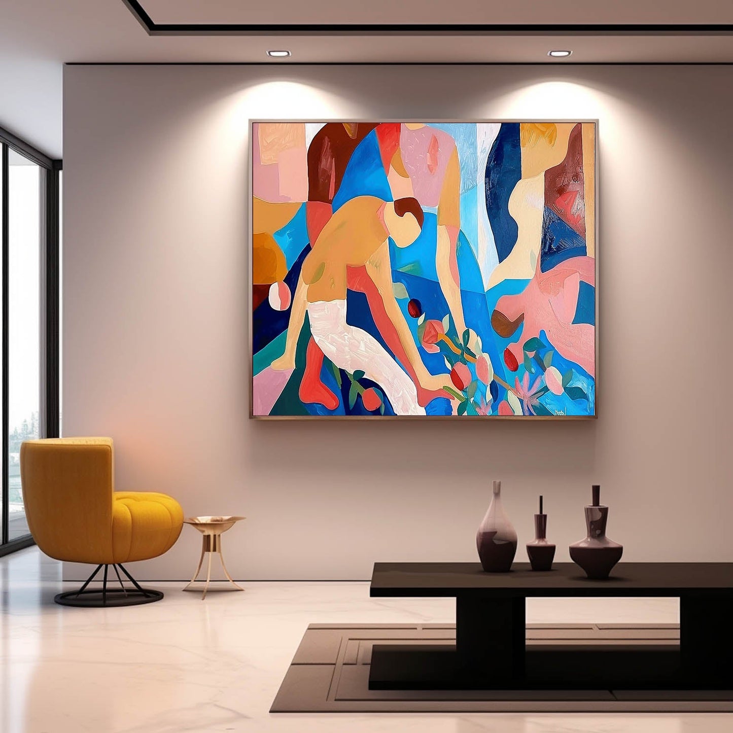 Vibrant Abstract Oil Painting with Colorful Figures and Floral Elements