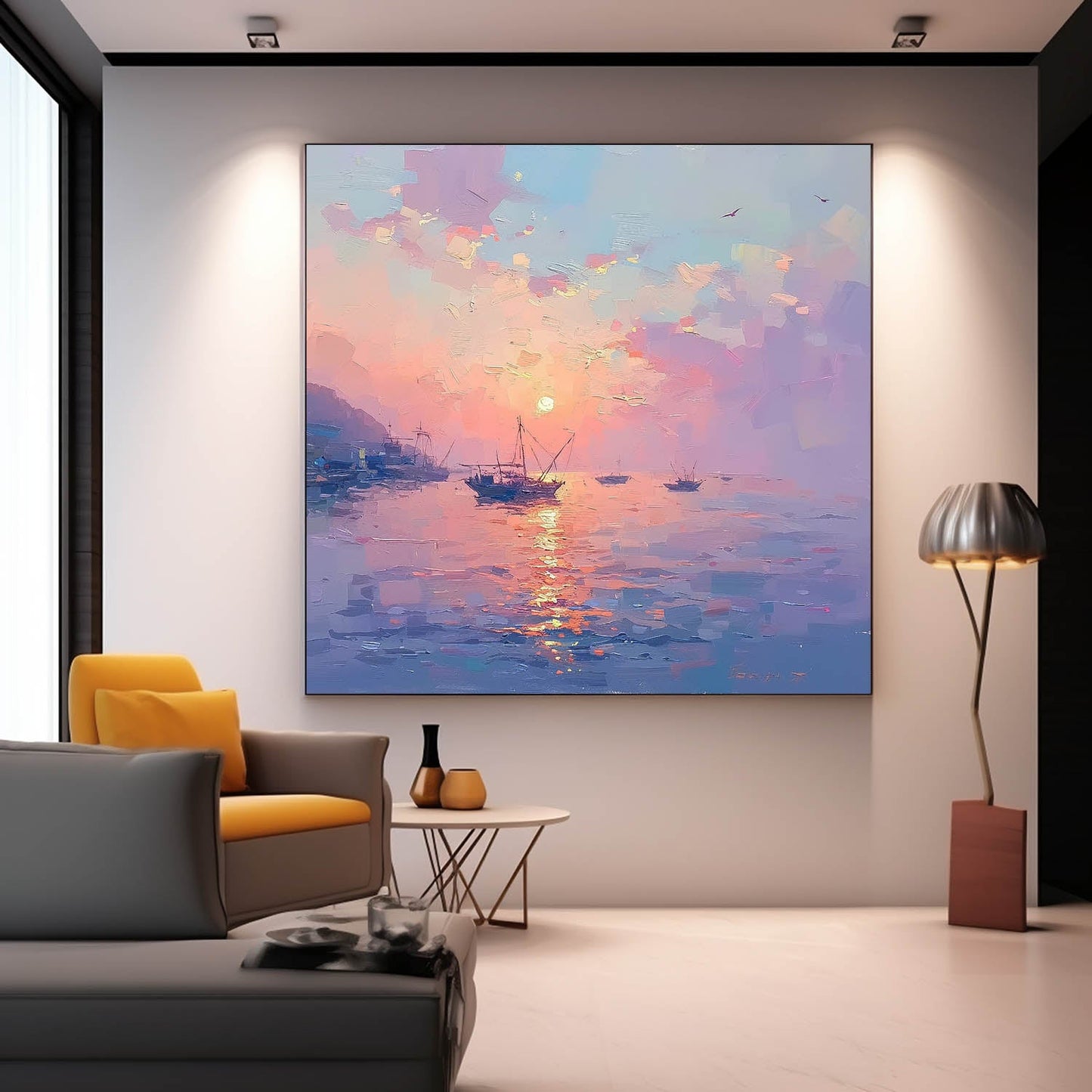 Majestic Sunset Over Tranquil Waters - Serene Oil Painting for Home Decor