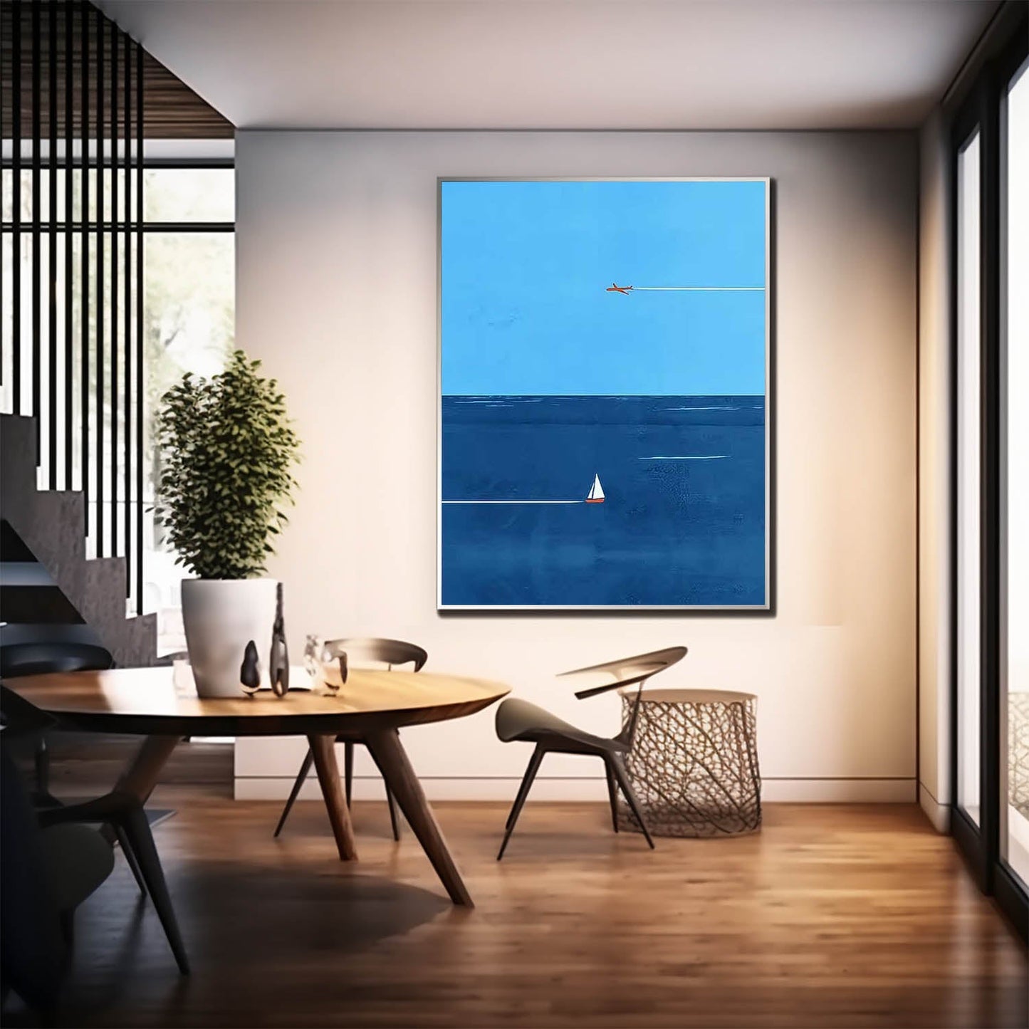 Serene Blue Minimalist Ocean Scene with Plane and Sailboat Oil Painting for Home Decor