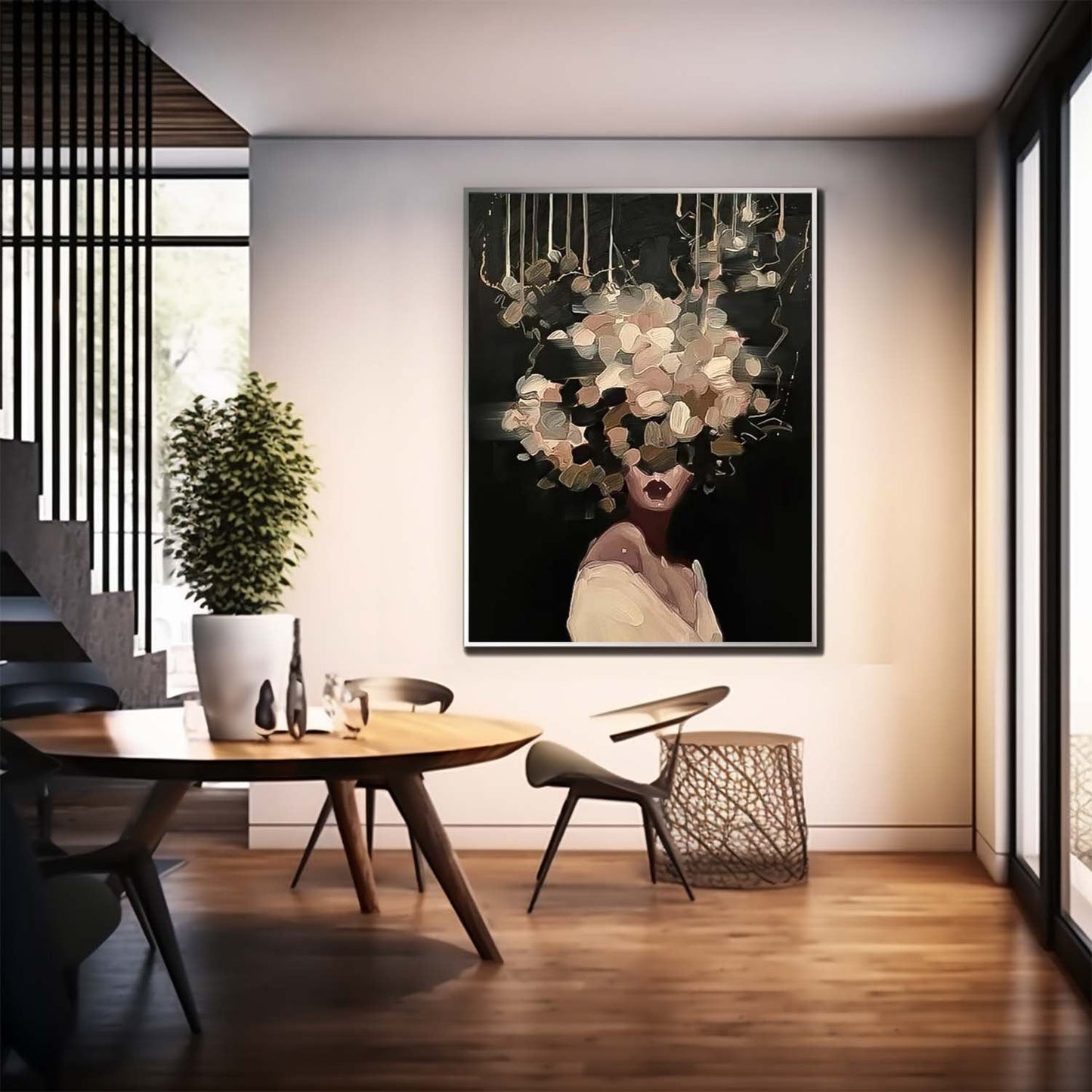 Elegant Woman with Floral Headpiece - Modern Oil Painting for Home Decor