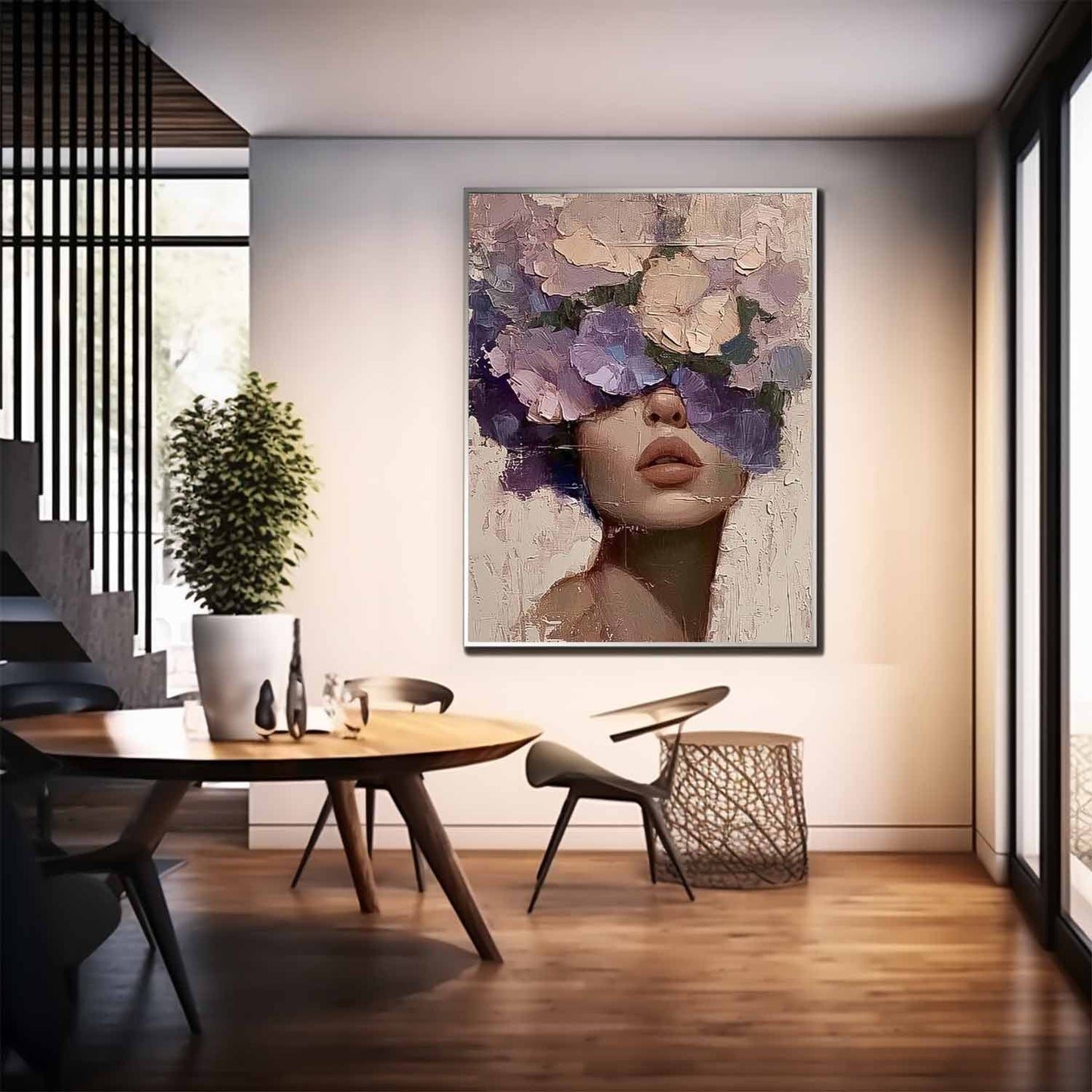 Floral Portrait Oil Painting - Elegant Woman with Flower Crown Canvas Art
