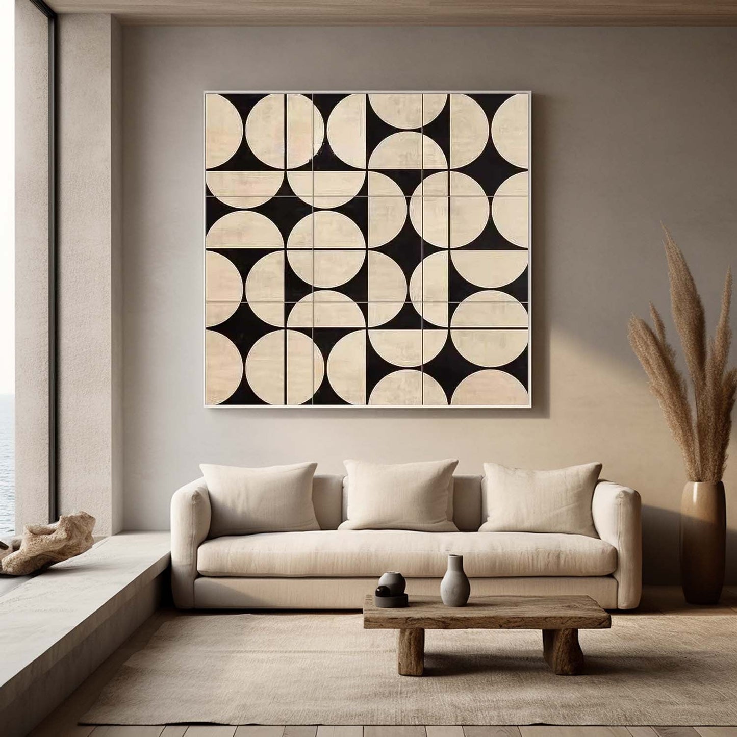 Contemporary Black and White Geometric Oil Painting for Modern Interiors