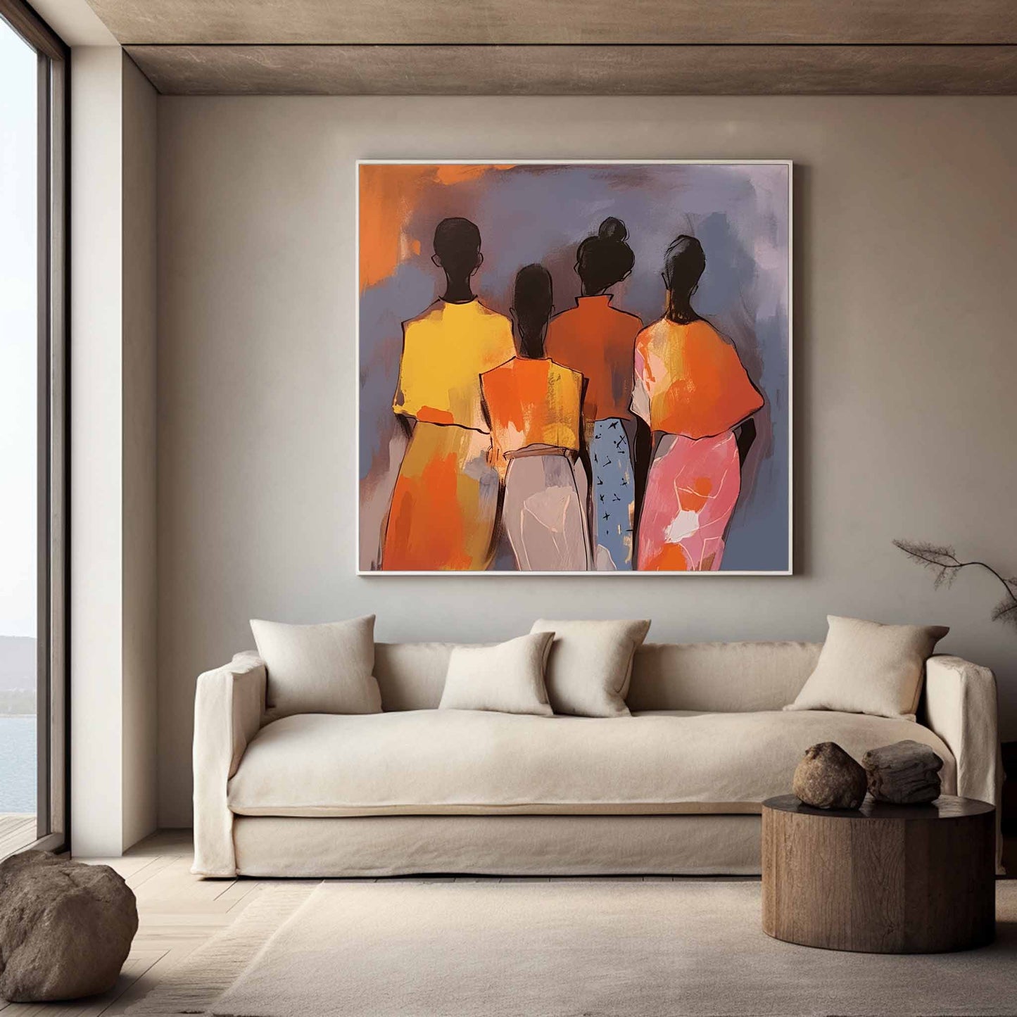 Colorful Abstract Oil Painting of Four Figures on Canvas